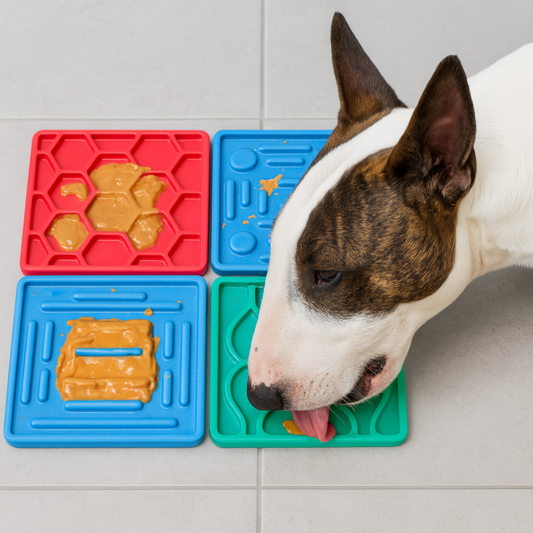 4 Piece Lick‑Mat Slow‑Feeder with 400g Mutt Butter Doggy Peanut Butter