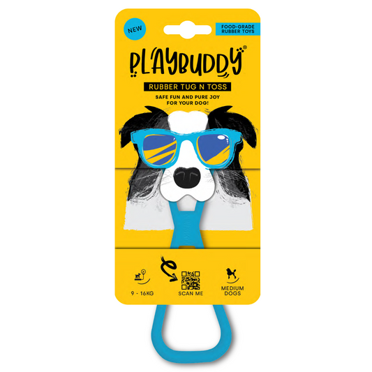 PlayBuddy Rubber Tug & Toss – for dogs that love to pull, chew, and play together (S/M/L)