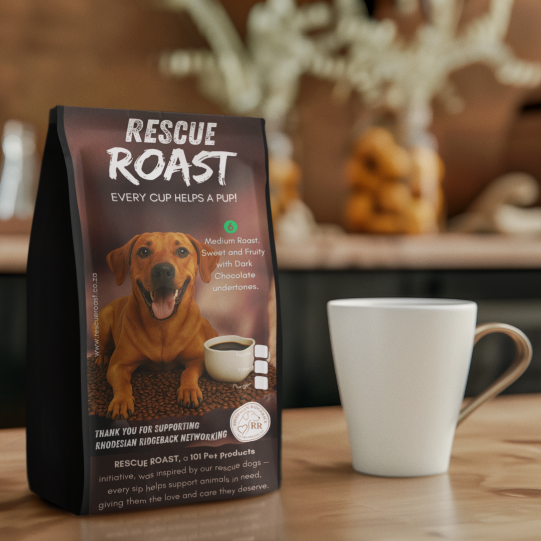 Rescue Roast® Ridgeback Rise (Rhodesian Ridgeback Networking SA), Blend #1 packaging featuring animal artwork, beside a cup