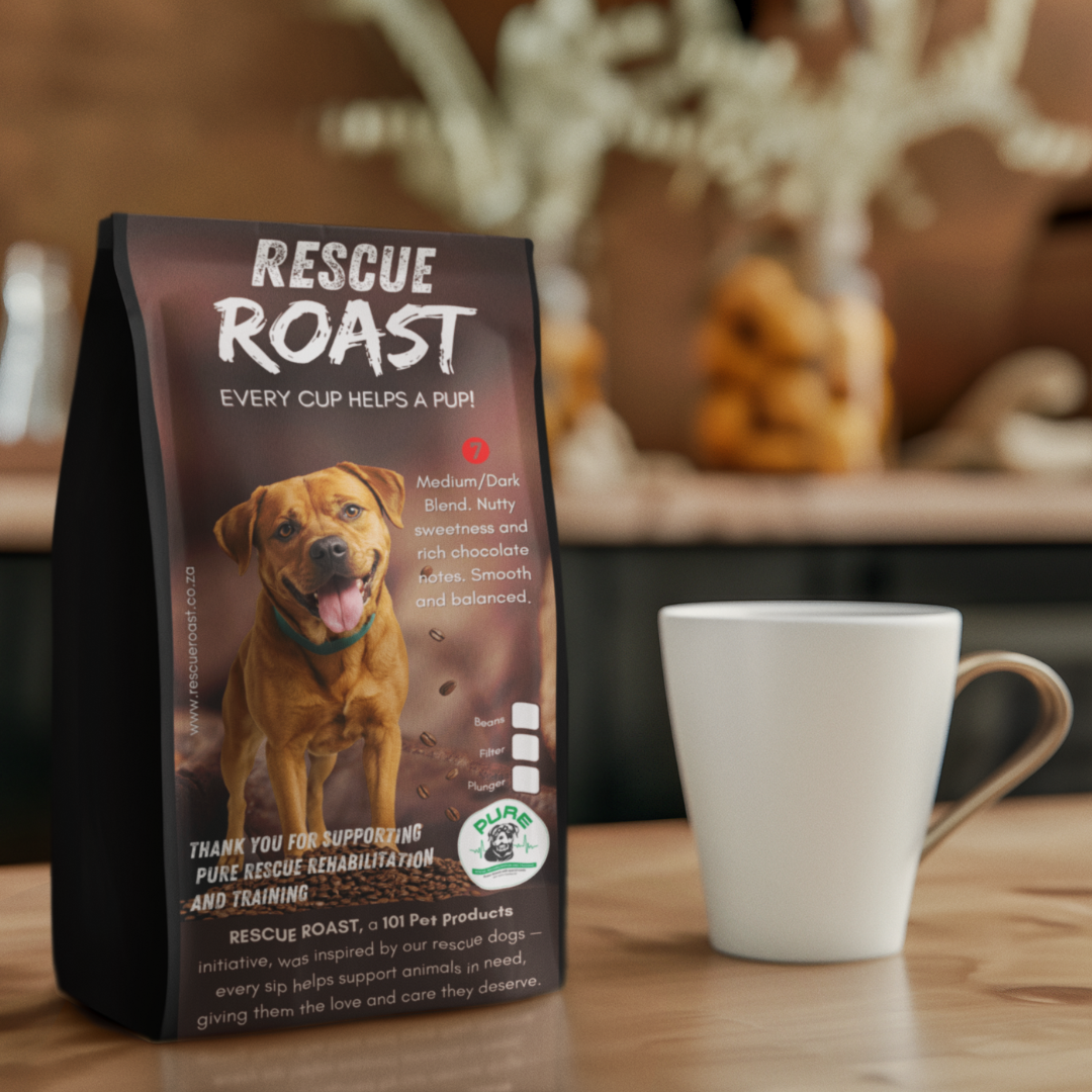 Rescue Roast® The Guardian’s Roast (Rhodesian Ridgeback Networking SA), Blend #3 packaging featuring animal artwork, beside a cup
