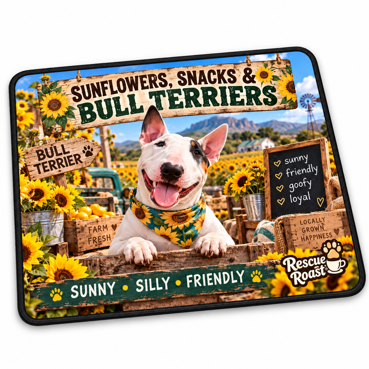 Rescue Roast® Bull Terrier – Sunflowers, Snacks & Bull Terriers Mousepad