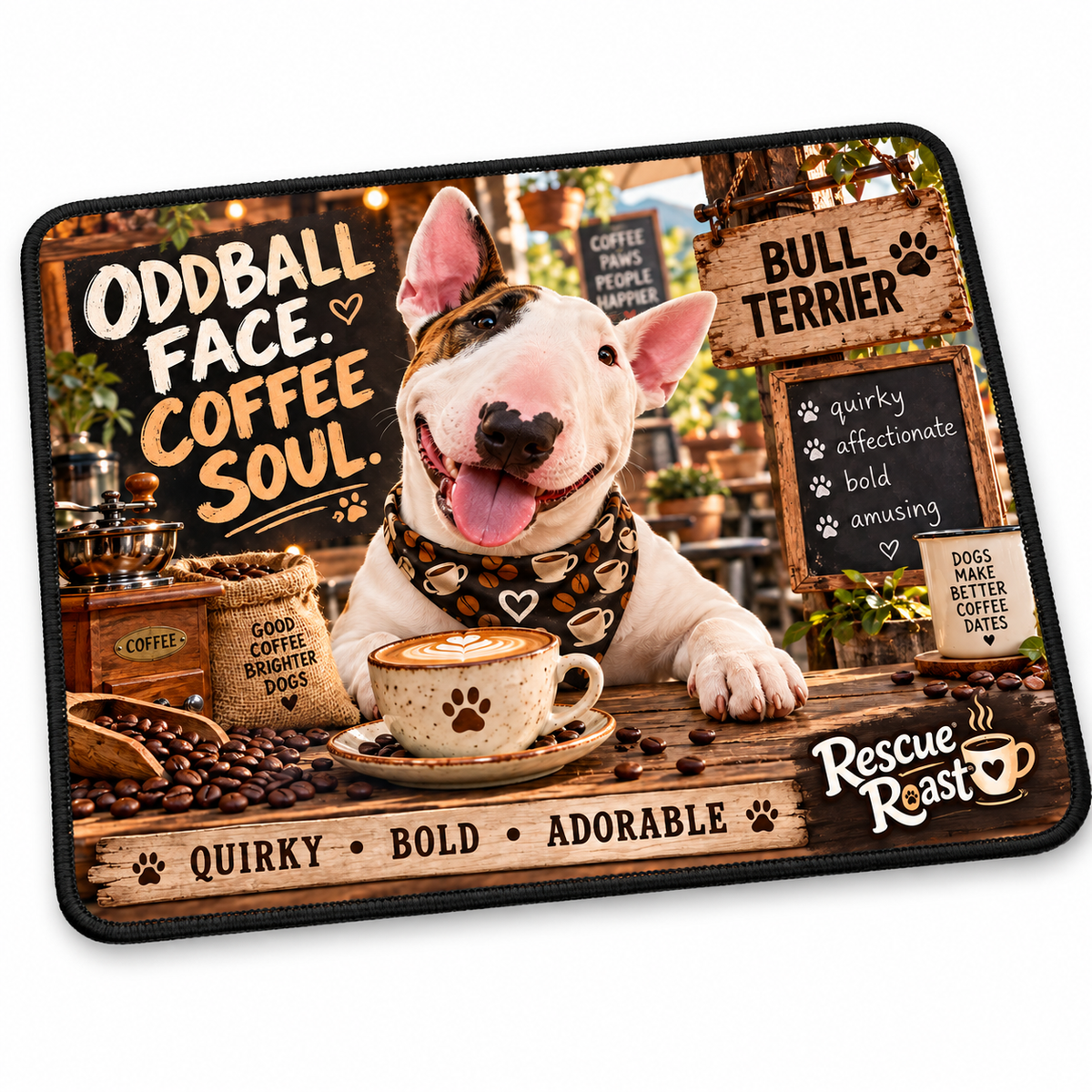 Rescue Roast® Bull Terrier – Oddball Face, Coffee Soul Mousepad