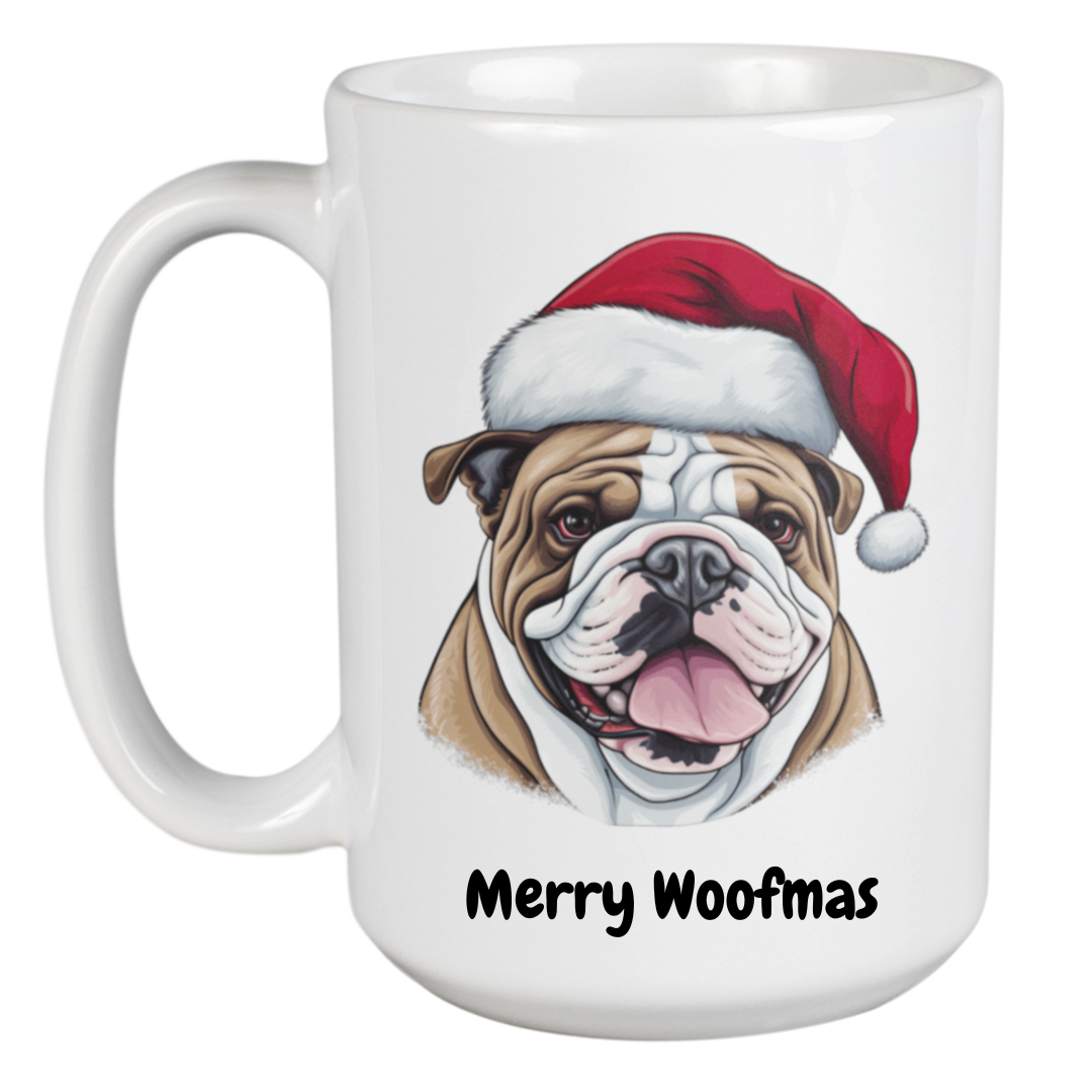 White Rescue Roast® Bulldog - 450ml Christmas Mug with festive animal artwork and the text “Merry Woofmas”