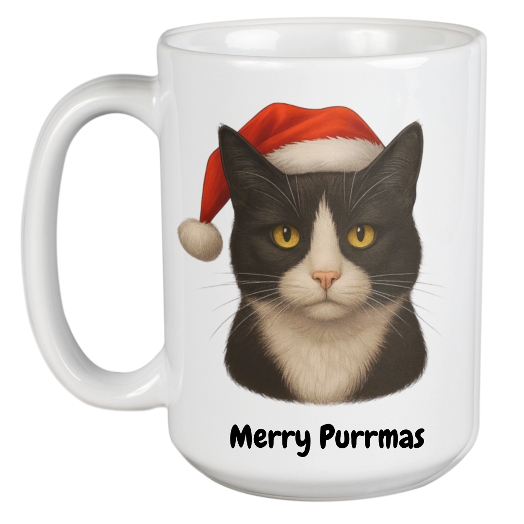 White Rescue Roast® Tuxedo Cat - 450ml Christmas Mug with festive animal artwork and the text “Merry Purrmas”