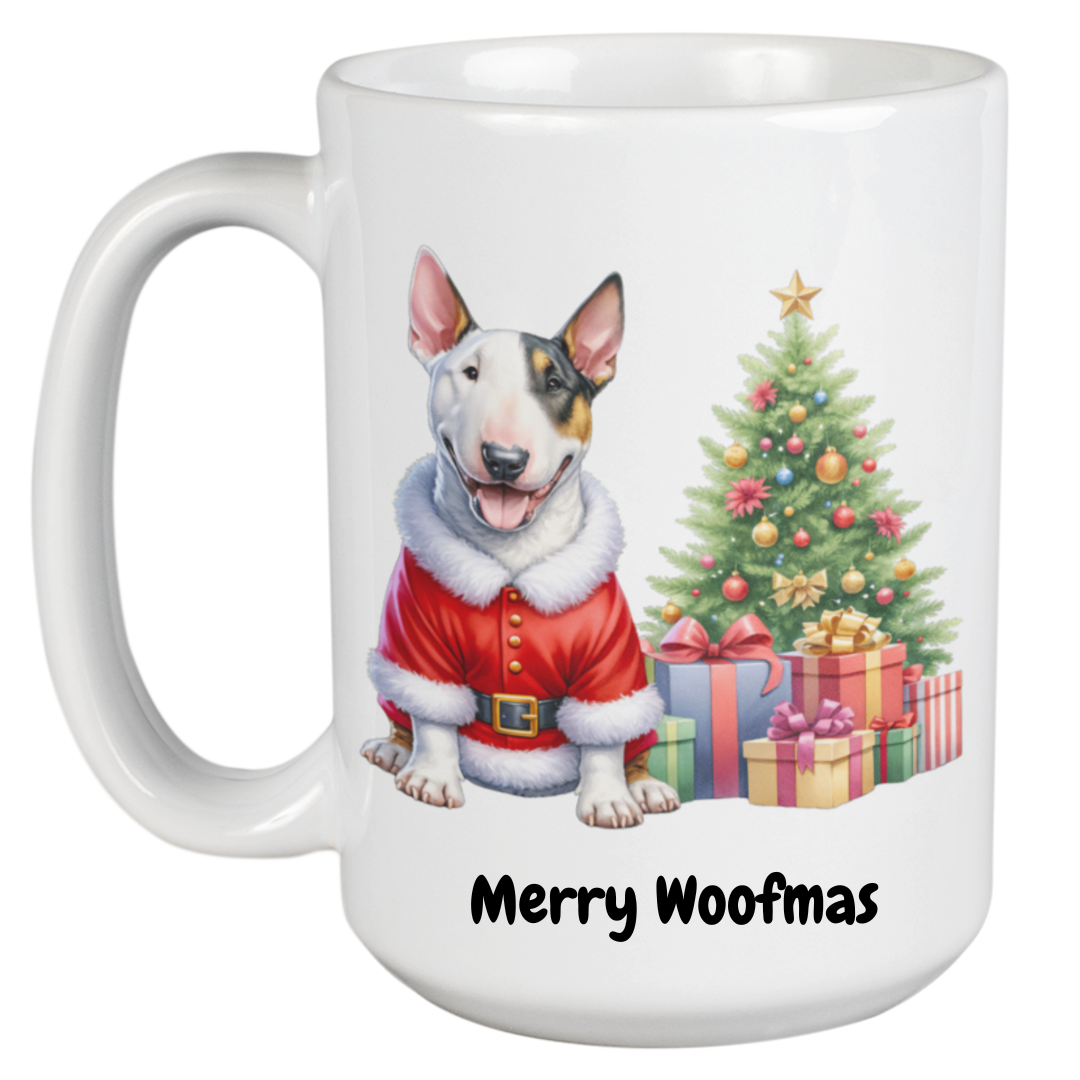White Rescue Roast® Bull Terrier - 450ml Christmas Mug with festive animal artwork and the text “Merry Woofmas”