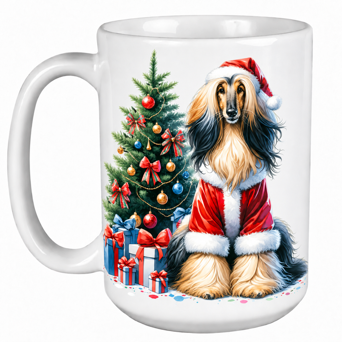 Rescue Roast® 450ml white Christmas mug featuring a Afghan Hound beside a decorated Christmas tree