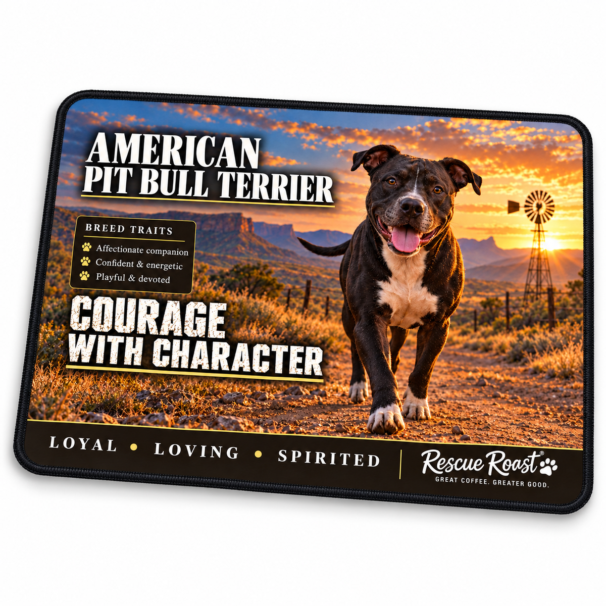 Rescue Roast® American Pit Bull Terrier mousepad: Black American Pit Bull Terrier walking through a Karoo-style landscape beside a windmill, with the words “Courage with Character”
