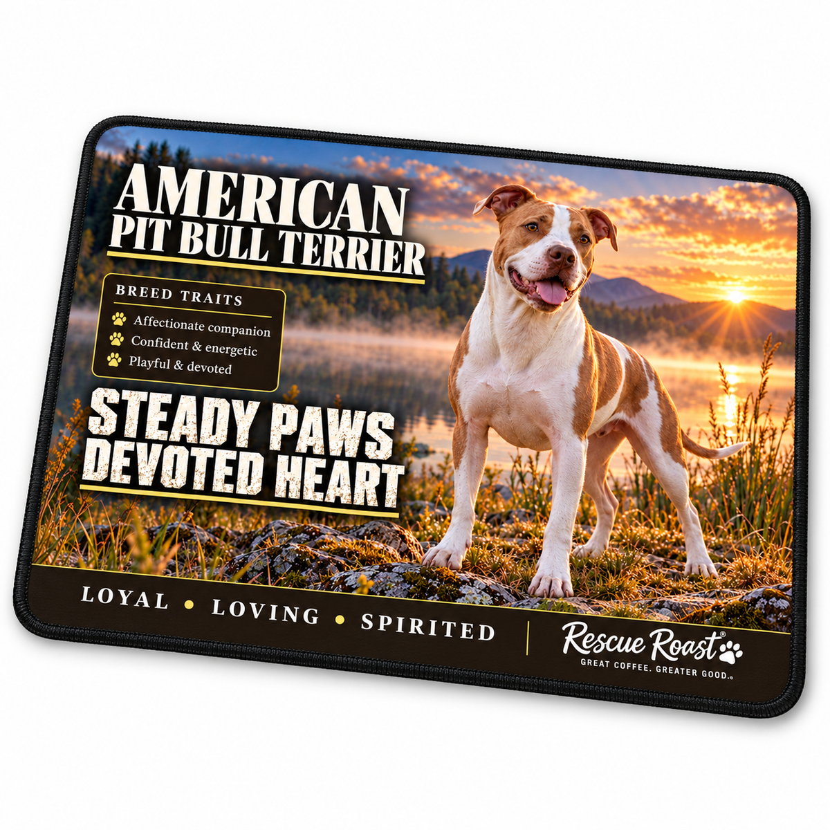 Rescue Roast® American Pit Bull Terrier mousepad: White-and-fawn American Pit Bull Terrier beside a misty lake at sunset, with the words “Steady Paws, Devoted Heart”