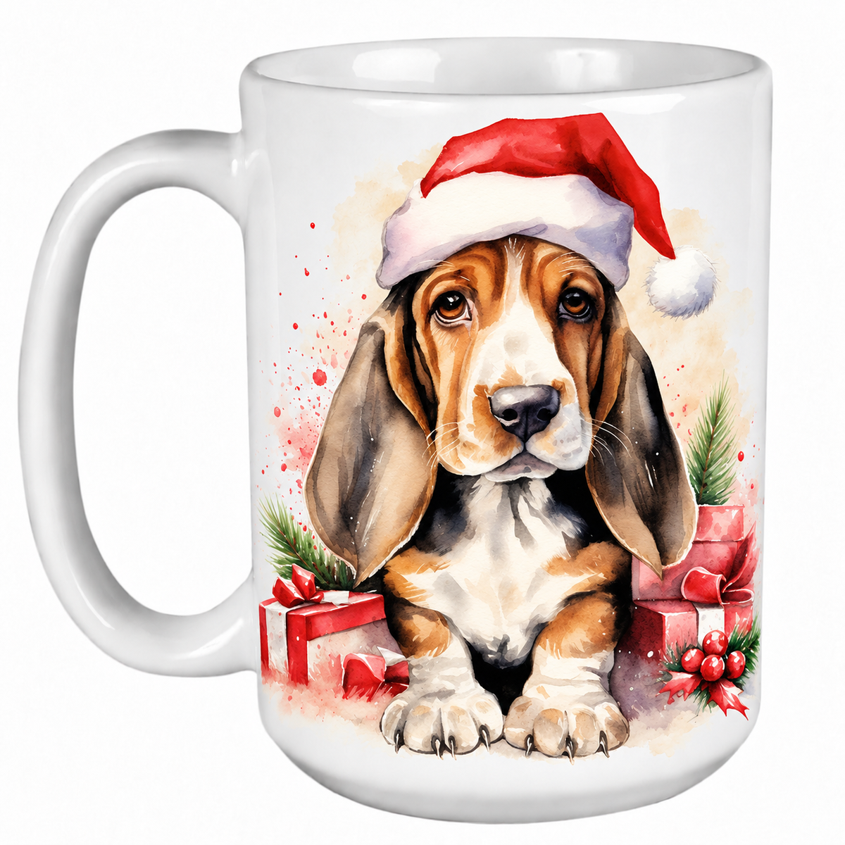 Rescue Roast® 450ml white Christmas mug featuring a Basset Hound in a Santa hat surrounded by Christmas presents