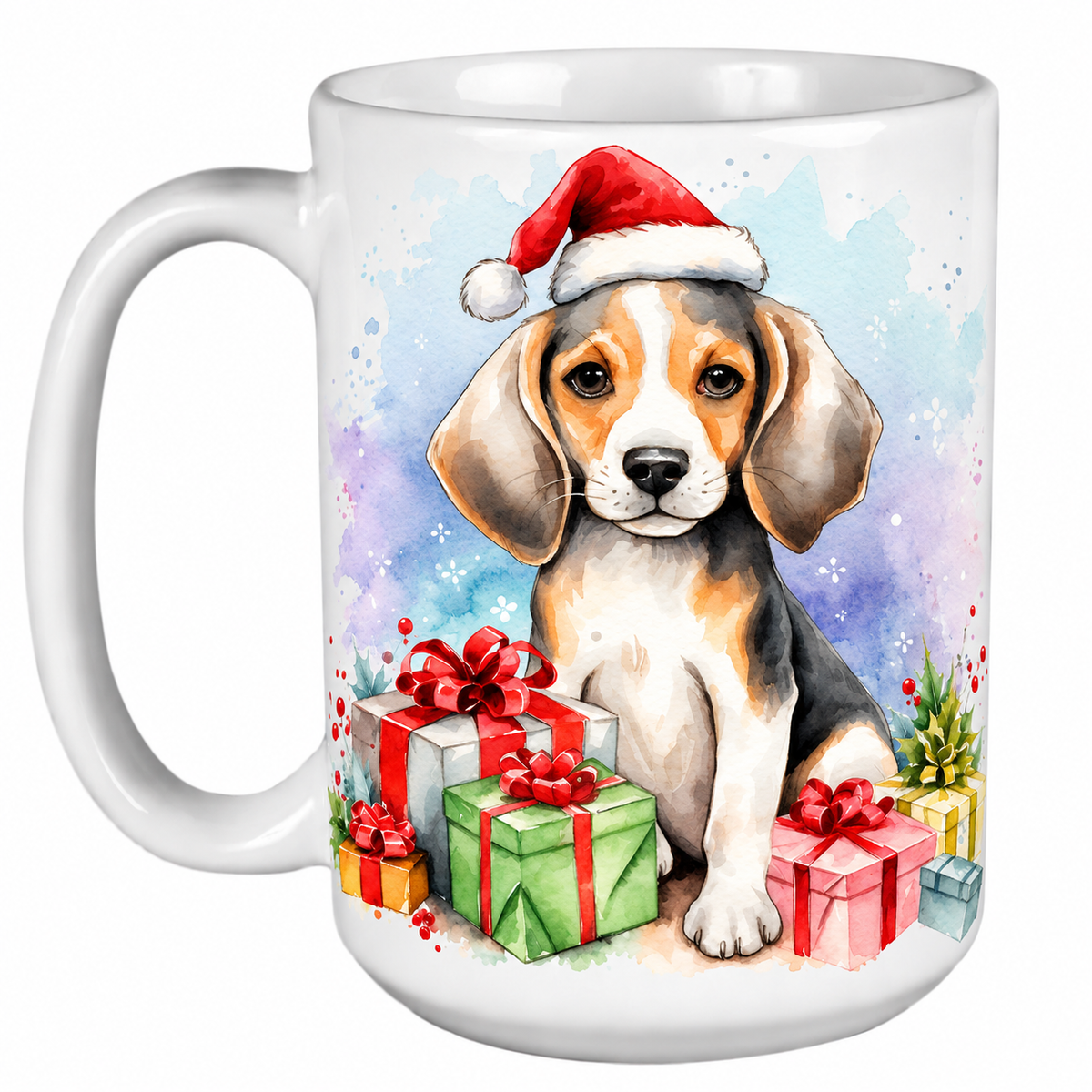 Rescue Roast® 450ml white Christmas mug featuring a Beagle in a Santa hat surrounded by Christmas presents