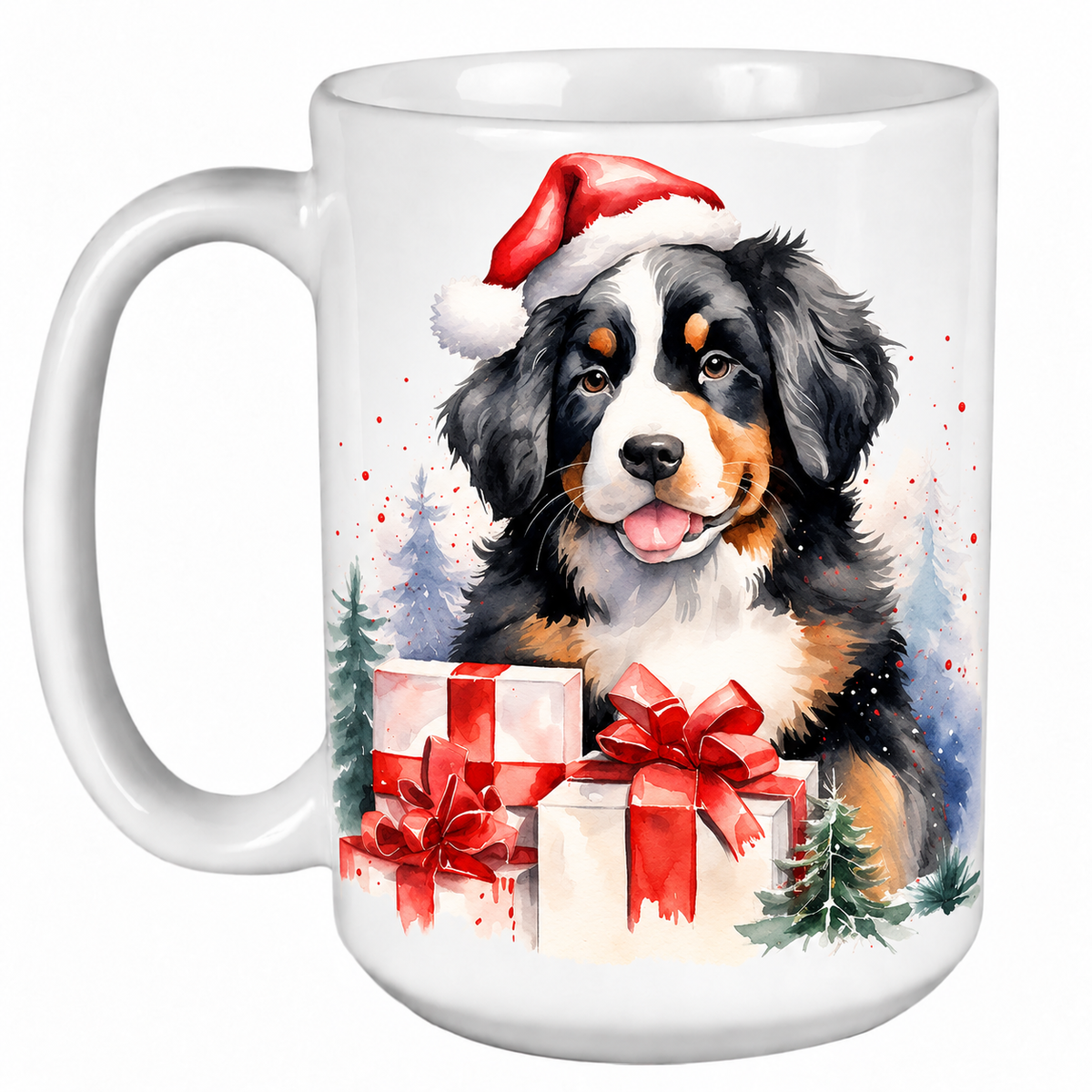 Rescue Roast® 450ml white Christmas mug featuring a Bernese Mountain Dog in a Santa hat surrounded by Christmas presents