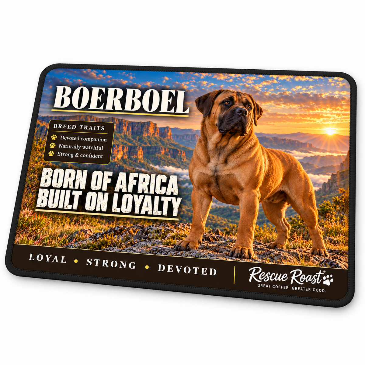 Rescue Roast® Boerboel mousepad: Fawn Boerboel standing above a mountain valley at sunset, with the words “Born of Africa, Built on Loyalty”