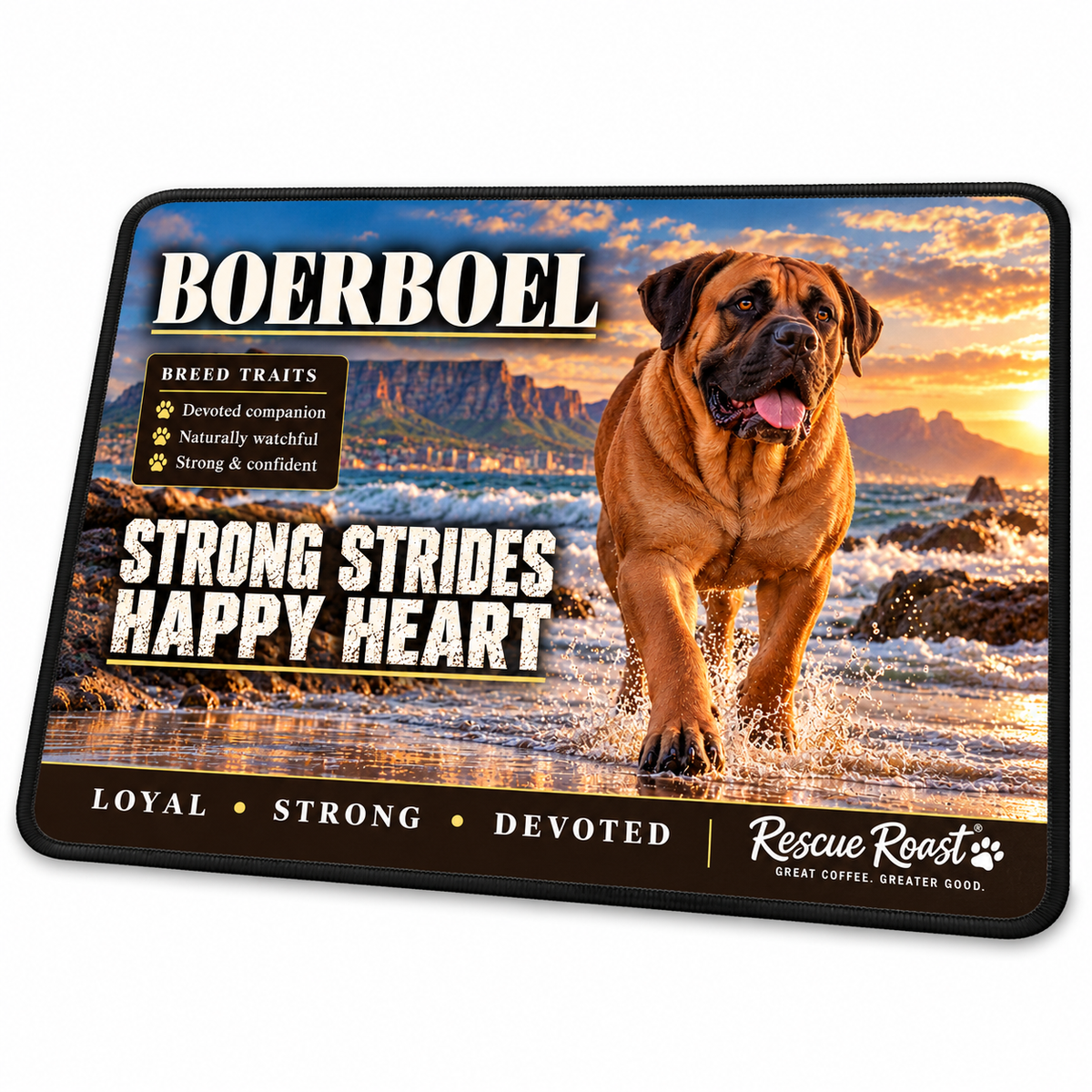 Rescue Roast® Boerboel mousepad: Fawn Boerboel walking through sparkling beach surf, with the words “Strong Strides, Happy Heart”