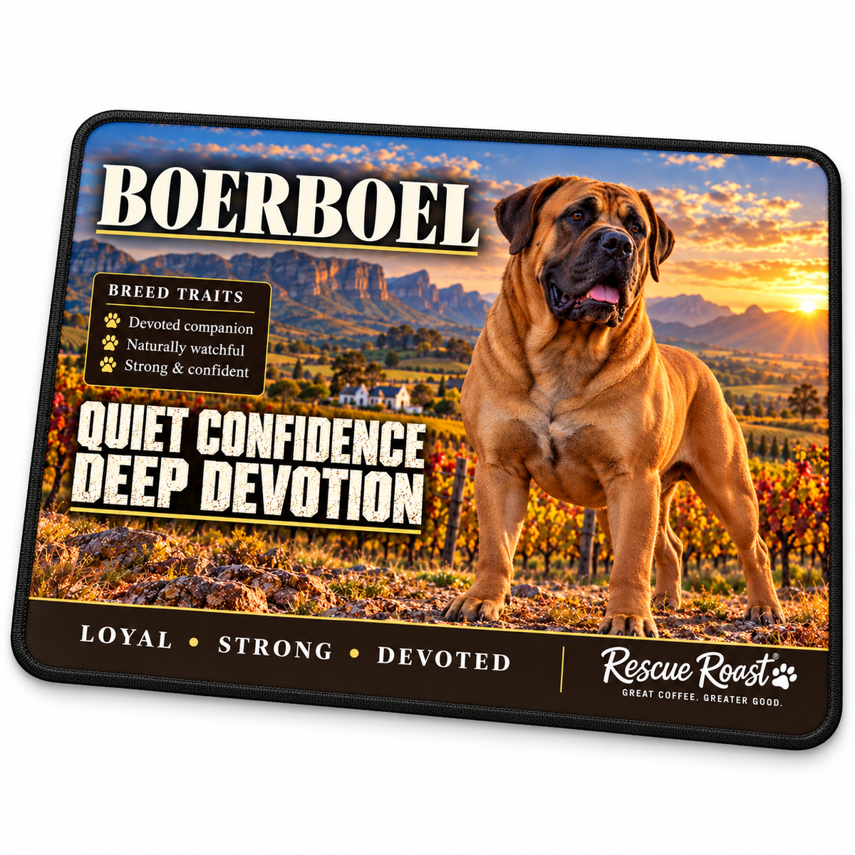 Rescue Roast® Boerboel mousepad: Fawn Boerboel standing above an autumn vineyard, with the words “Quiet Confidence, Deep Devotion”