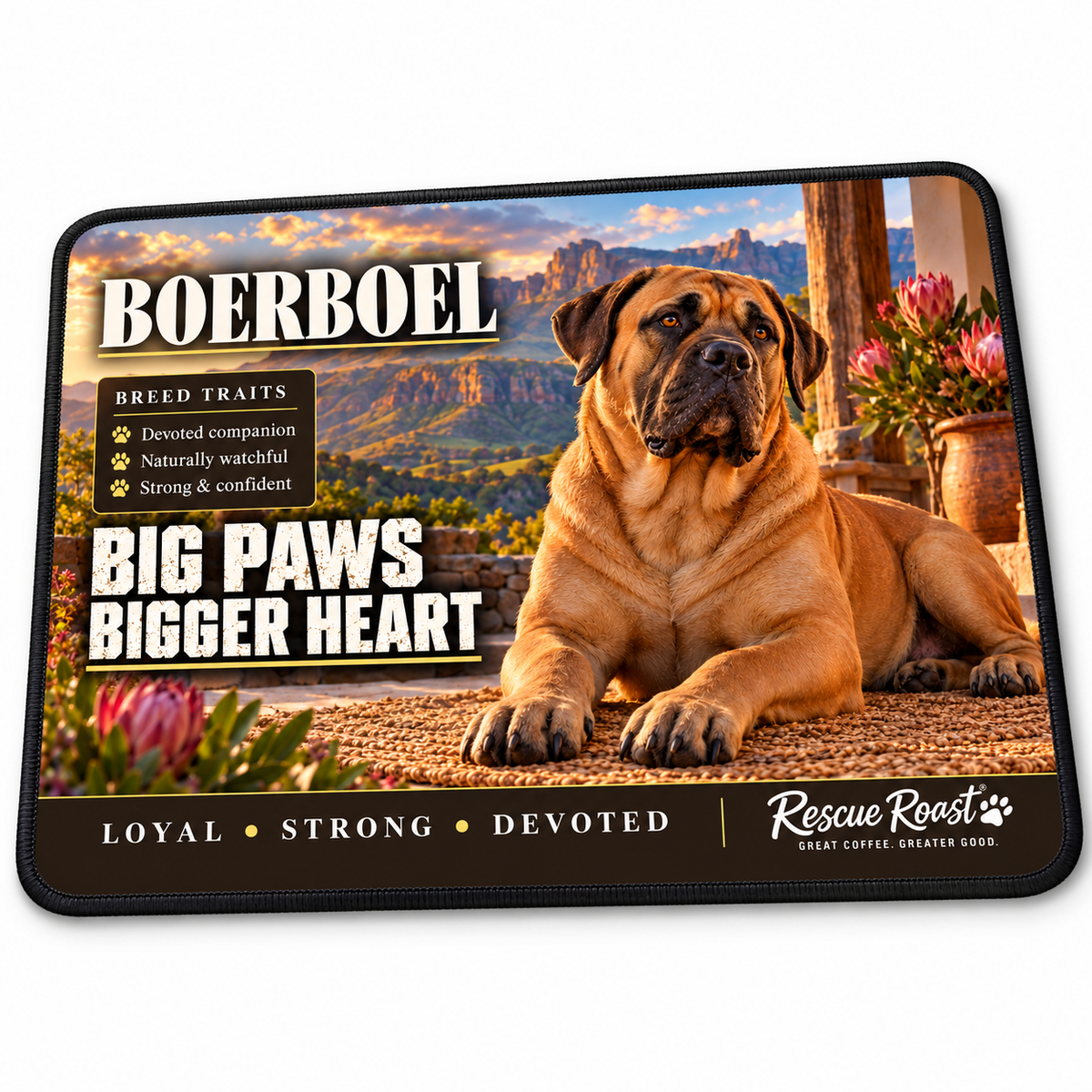 Rescue Roast® Boerboel mousepad: Fawn Boerboel resting on a woven mat beside veranda proteas, with the words “Big Paws, Bigger Heart”