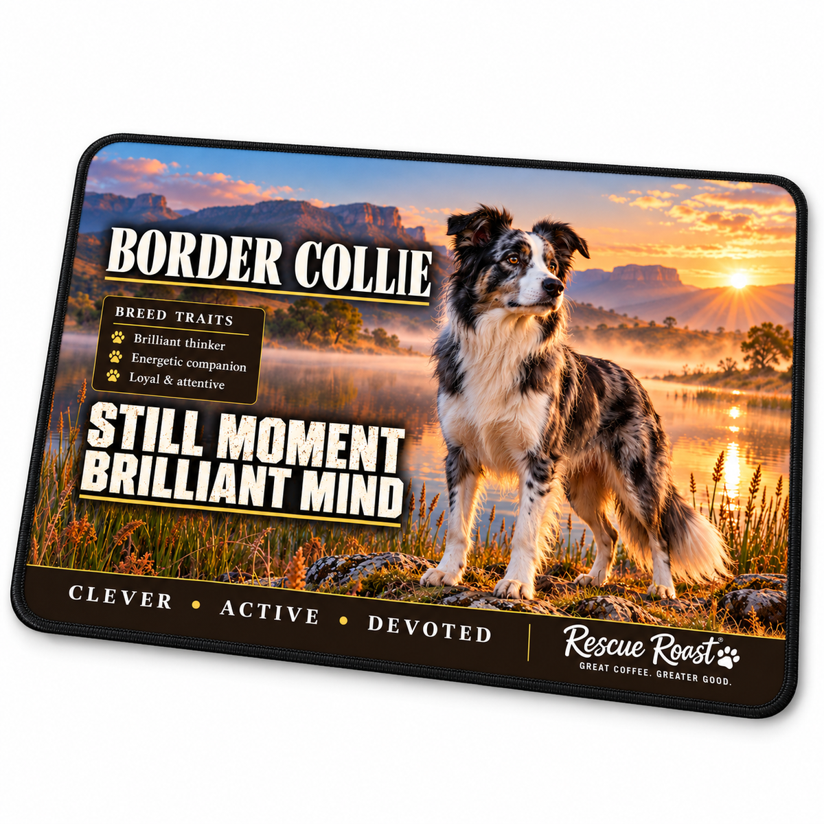 Rescue Roast® Border Collie mousepad: Blue merle Border Collie beside a misty mountain lake at sunset, with the words “Still Moment, Brilliant Mind”