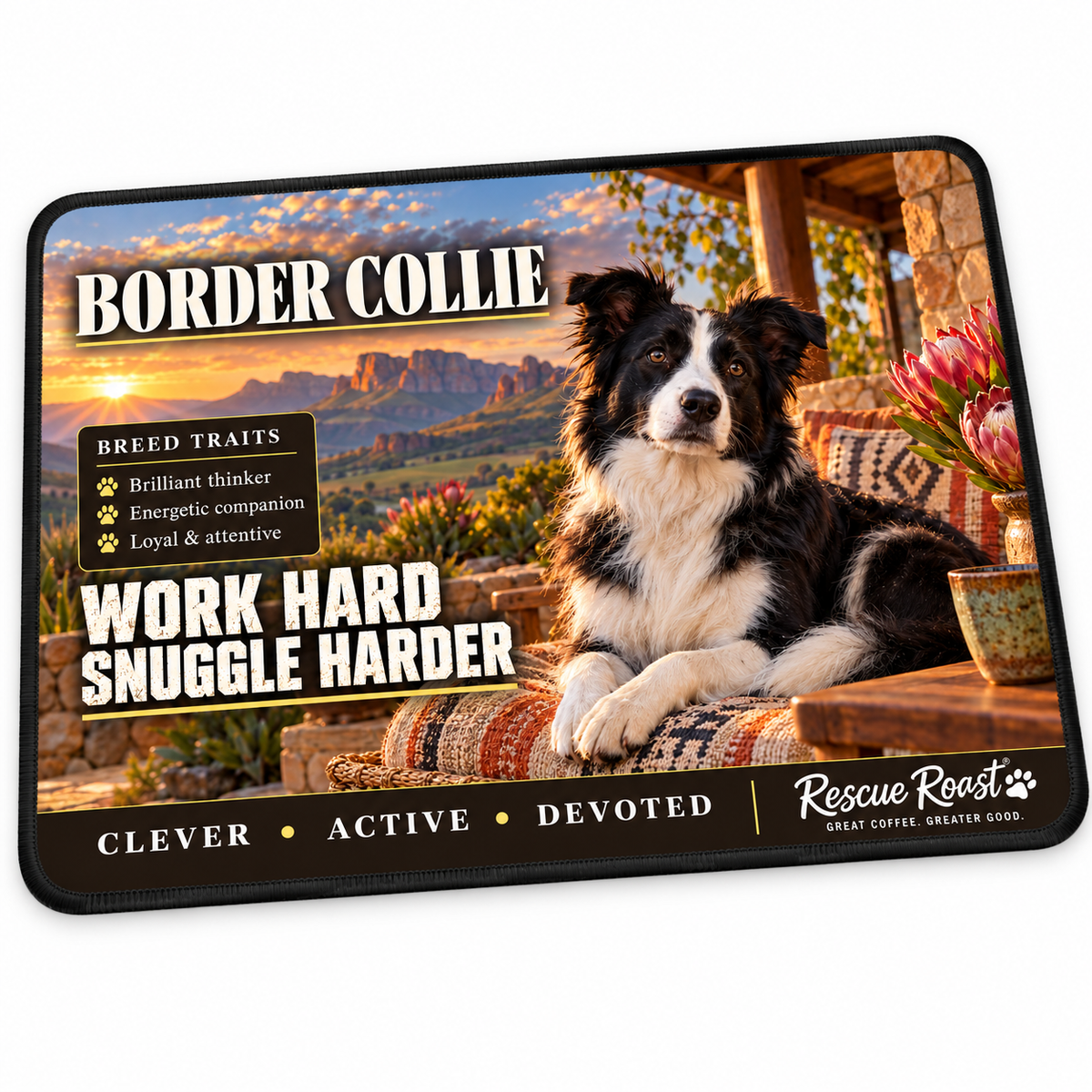 Rescue Roast® Border Collie mousepad: Black-and-white Border Collie relaxing on a cushioned veranda beside coffee and proteas, with the words “Work Hard, Snuggle Harder”