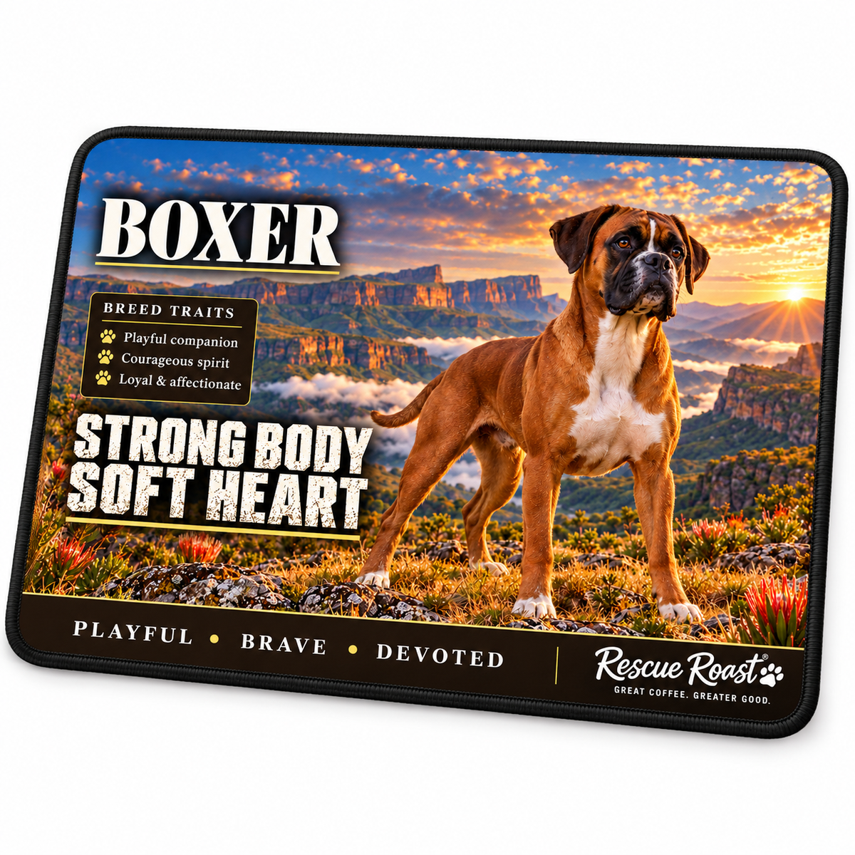 Rescue Roast® Boxer mousepad: Fawn Boxer standing above a mountain valley at sunset, with the words “Strong Body, Soft Heart”