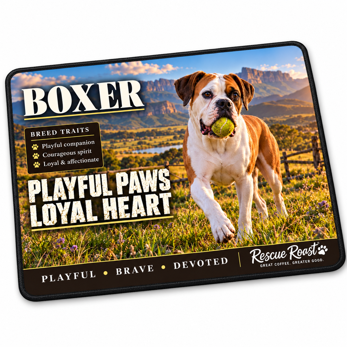 Rescue Roast® Boxer mousepad: White-and-fawn Boxer carrying a tennis ball across farmland, with the words “Playful Paws, Loyal Heart”