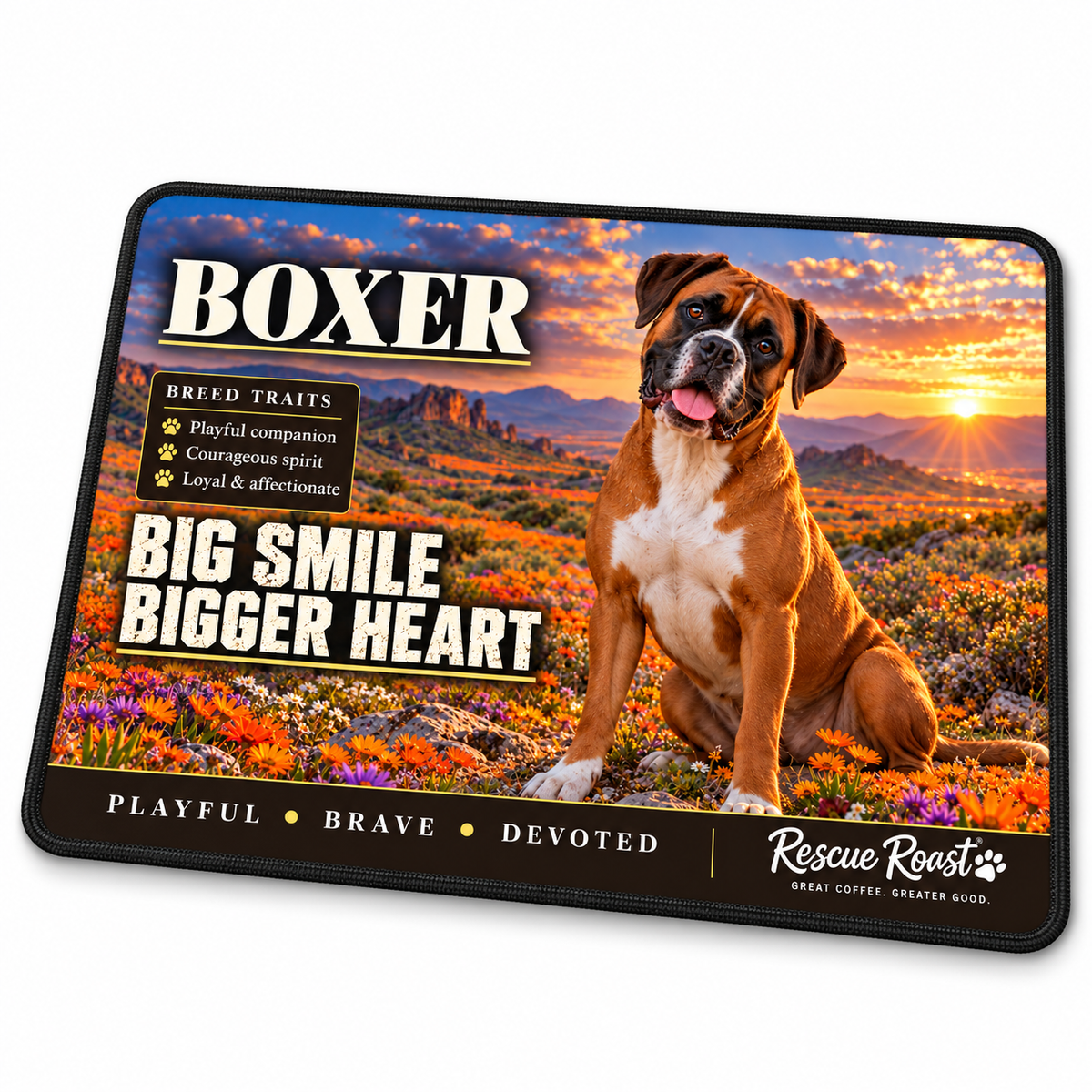 Rescue Roast® Boxer mousepad: Fawn Boxer sitting among colourful wildflowers at sunset, with the words “Big Smile, Bigger Heart”