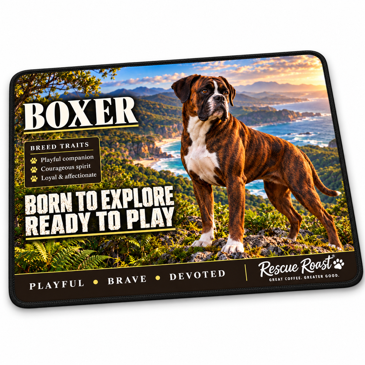 Rescue Roast® Boxer mousepad: Brindle Boxer standing on a leafy coastal lookout, with the words “Born to Explore, Ready to Play”