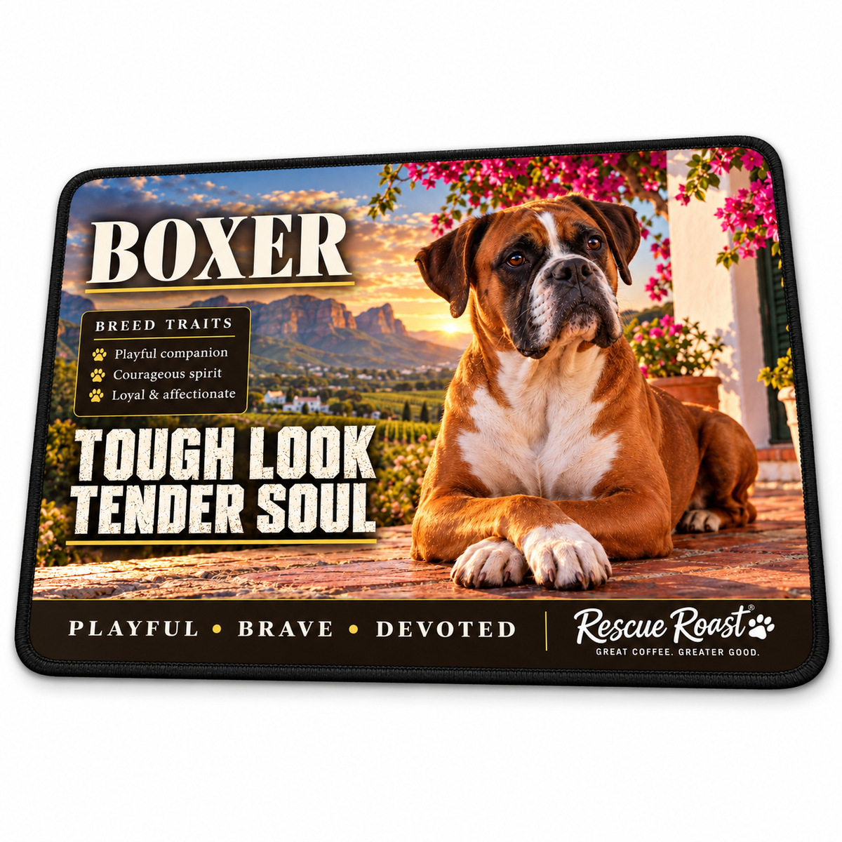 Rescue Roast® Boxer mousepad: Fawn Boxer resting with crossed paws on a flower-framed stoep, with the words “Tough Look, Tender Soul”