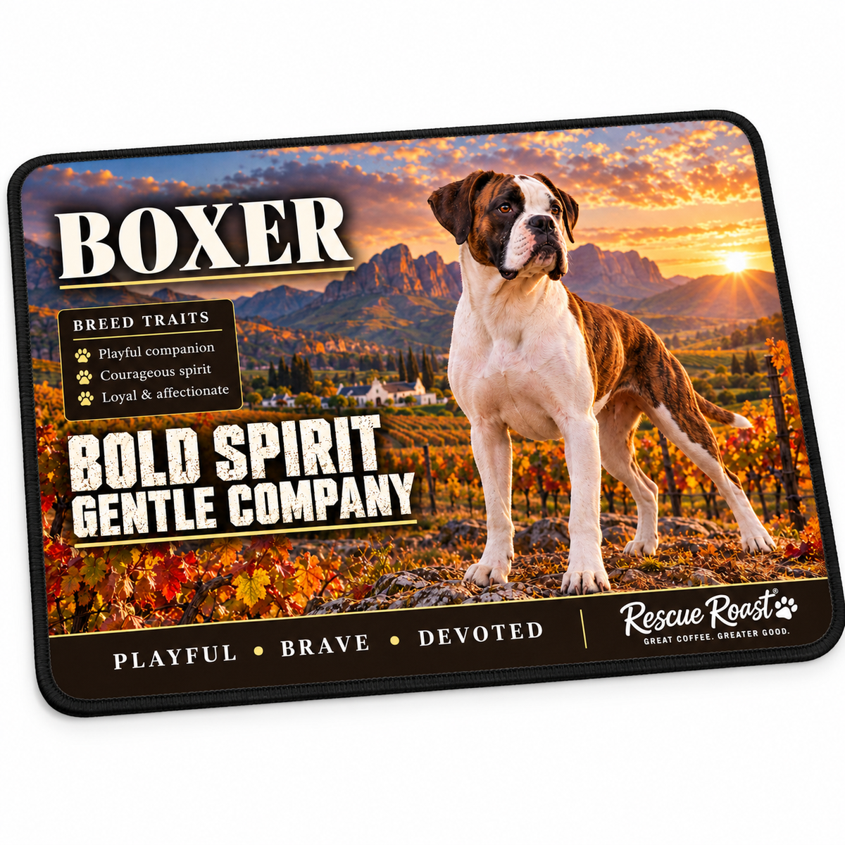Rescue Roast® Boxer mousepad: White-and-brindle Boxer standing above an autumn vineyard, with the words “Bold Spirit, Gentle Company”
