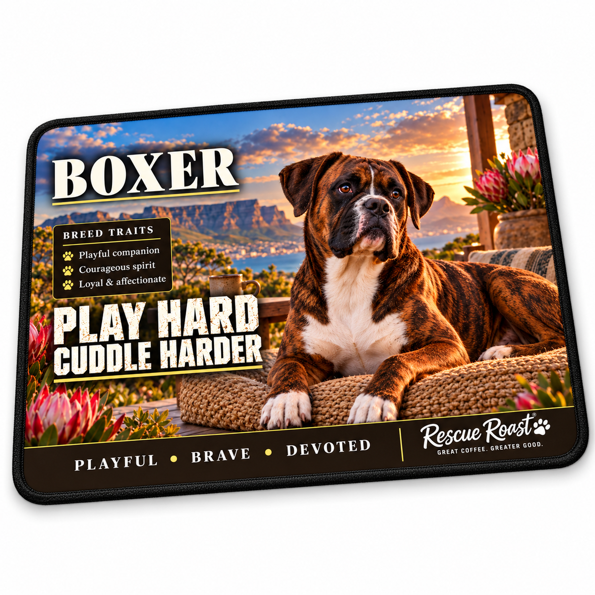 Rescue Roast® Boxer mousepad: Brindle Boxer relaxing beside coffee and proteas on a veranda, with the words “Play Hard, Cuddle Harder”