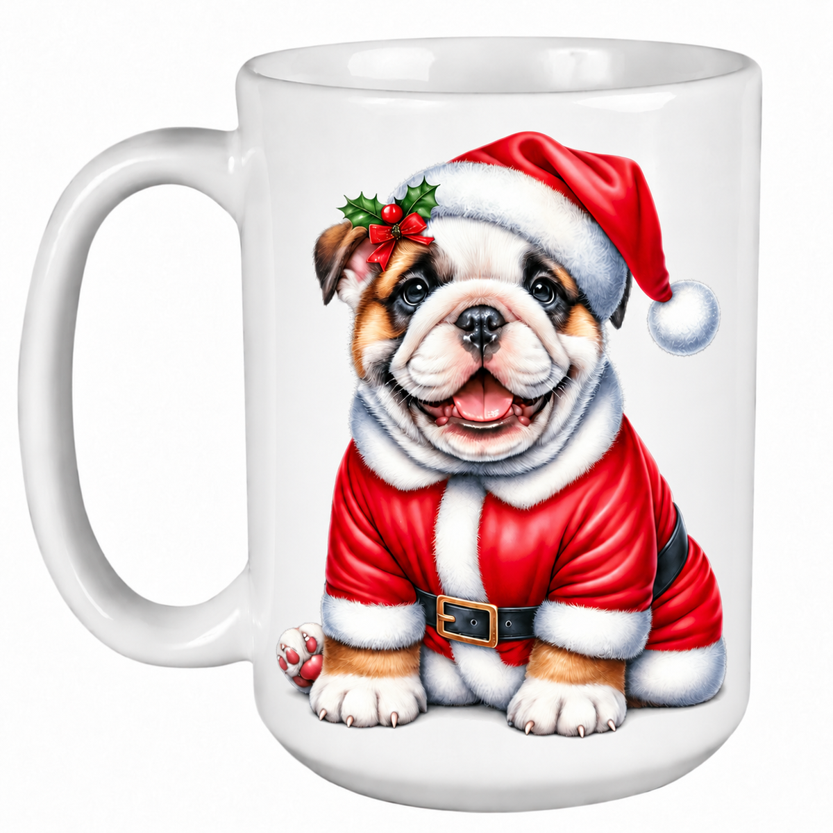 Rescue Roast® 450ml white Christmas mug featuring a Bulldog dressed as Santa’s little helper