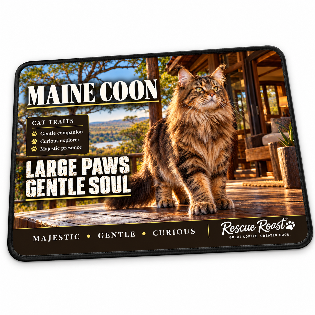 Rescue Roast Maine Coon mousepad: A longhaired brown tabby Maine Coon stands on a wooden lodge veranda overlooking a lake and hills. Printed slogan: Large Paws, Gentle Soul.