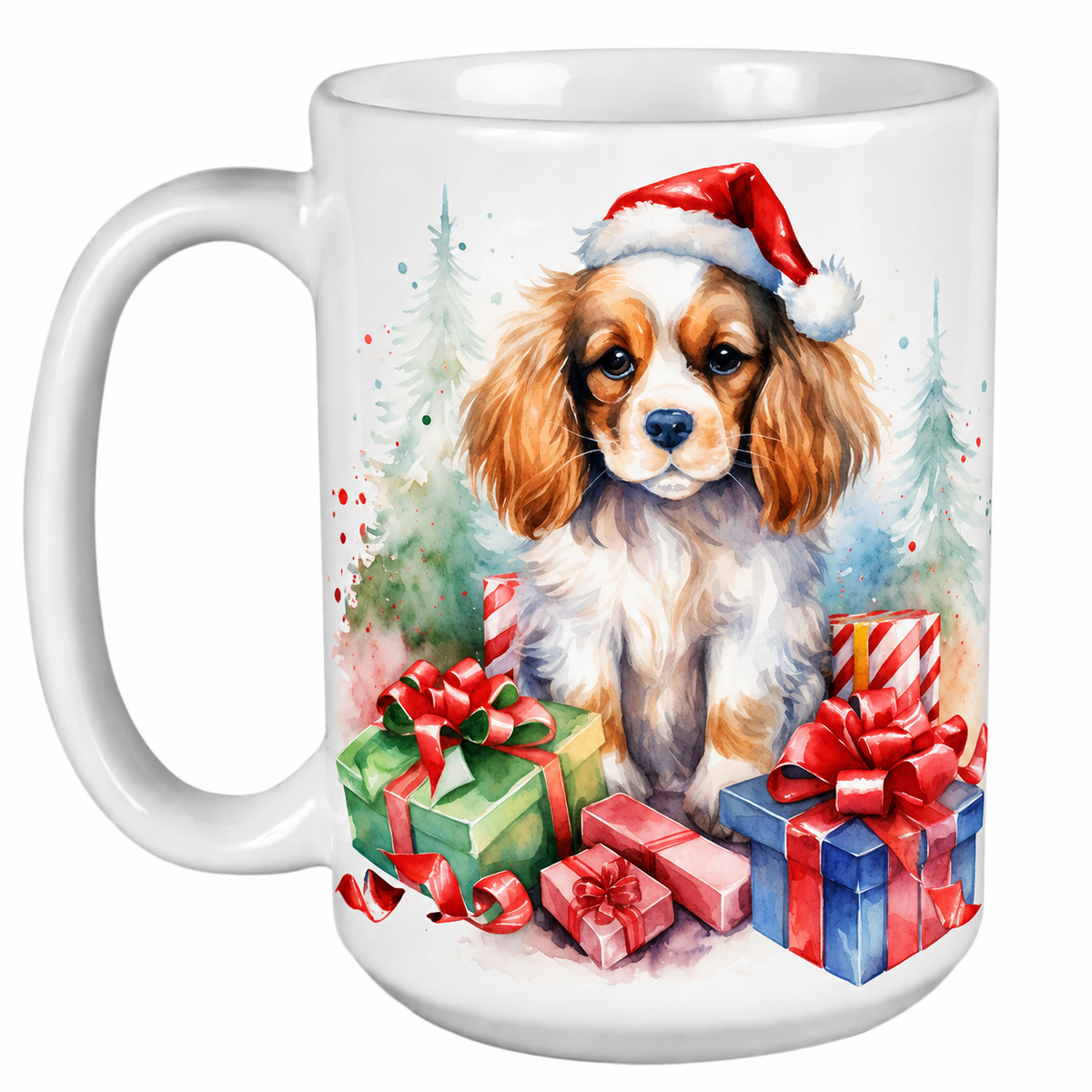 Rescue Roast® 450ml white Christmas mug featuring a Cavalier in a Santa hat surrounded by Christmas presents