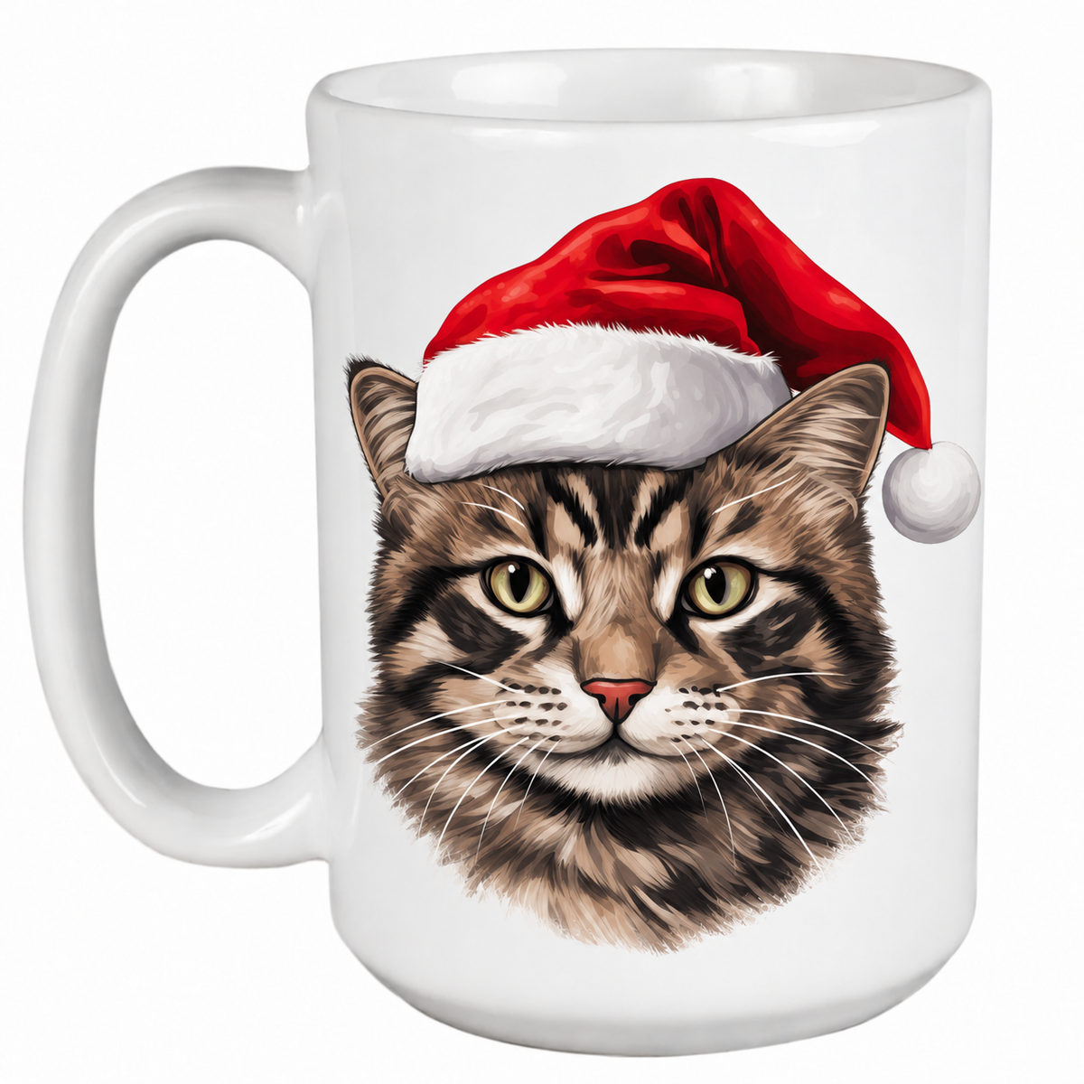 Rescue Roast® 450ml white Christmas mug featuring a American Wirehair Cat in a festive Santa hat