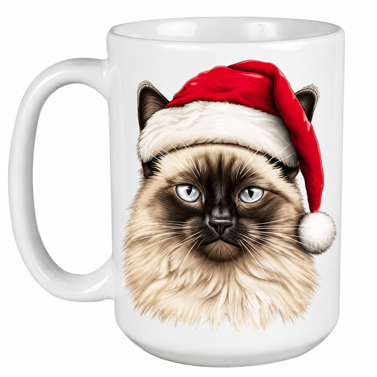 Rescue Roast® 450ml white Christmas mug featuring a Balinese Cat in a festive Santa hat