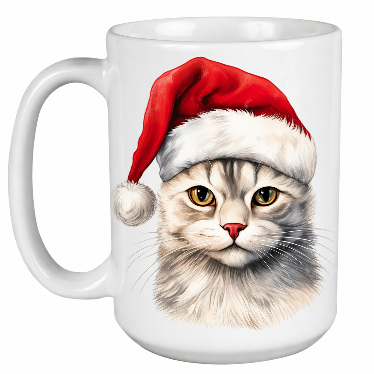 Rescue Roast® 450ml white Christmas mug featuring a Burmilla Cat in a festive Santa hat