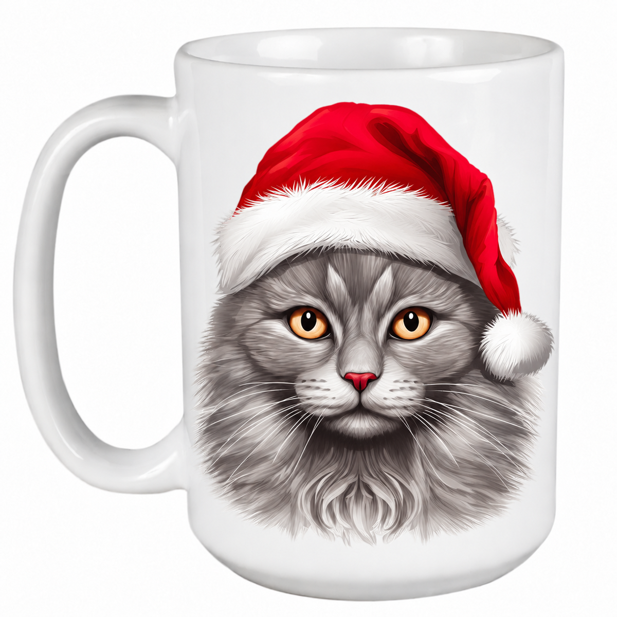 Rescue Roast® 450ml white Christmas mug featuring a Nebelung Cat in a festive Santa hat