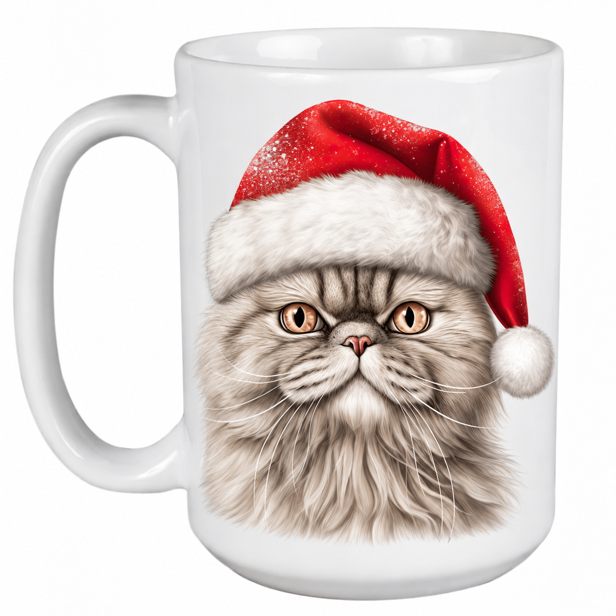 Rescue Roast® 450ml white Christmas mug featuring a Persian Cat in a festive Santa hat