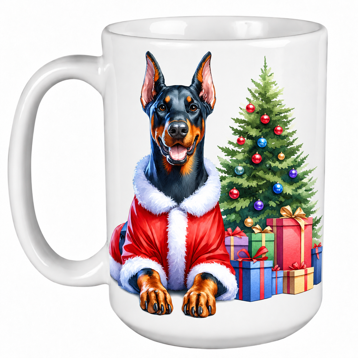 Rescue Roast® 450ml white Christmas mug featuring a Doberman beside a decorated Christmas tree