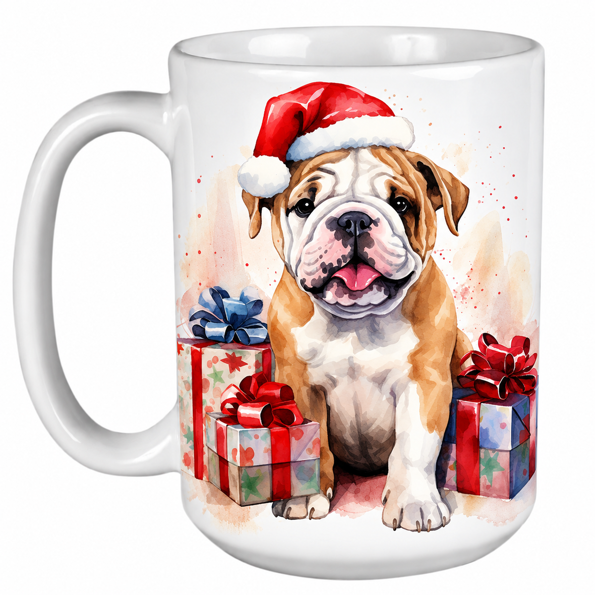 Rescue Roast® 450ml white Christmas mug featuring a English Bulldog in a Santa hat surrounded by Christmas presents