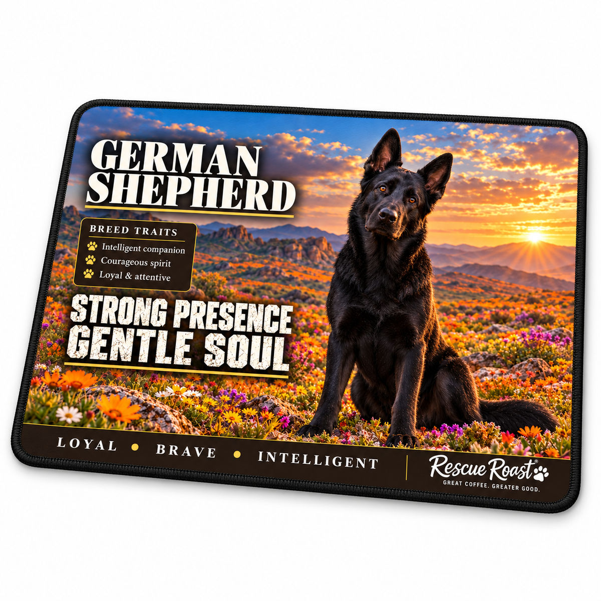 Rescue Roast® German Shepherd mousepad: Black German Shepherd sitting among colourful wildflowers, with the words “Strong Presence, Gentle Soul”