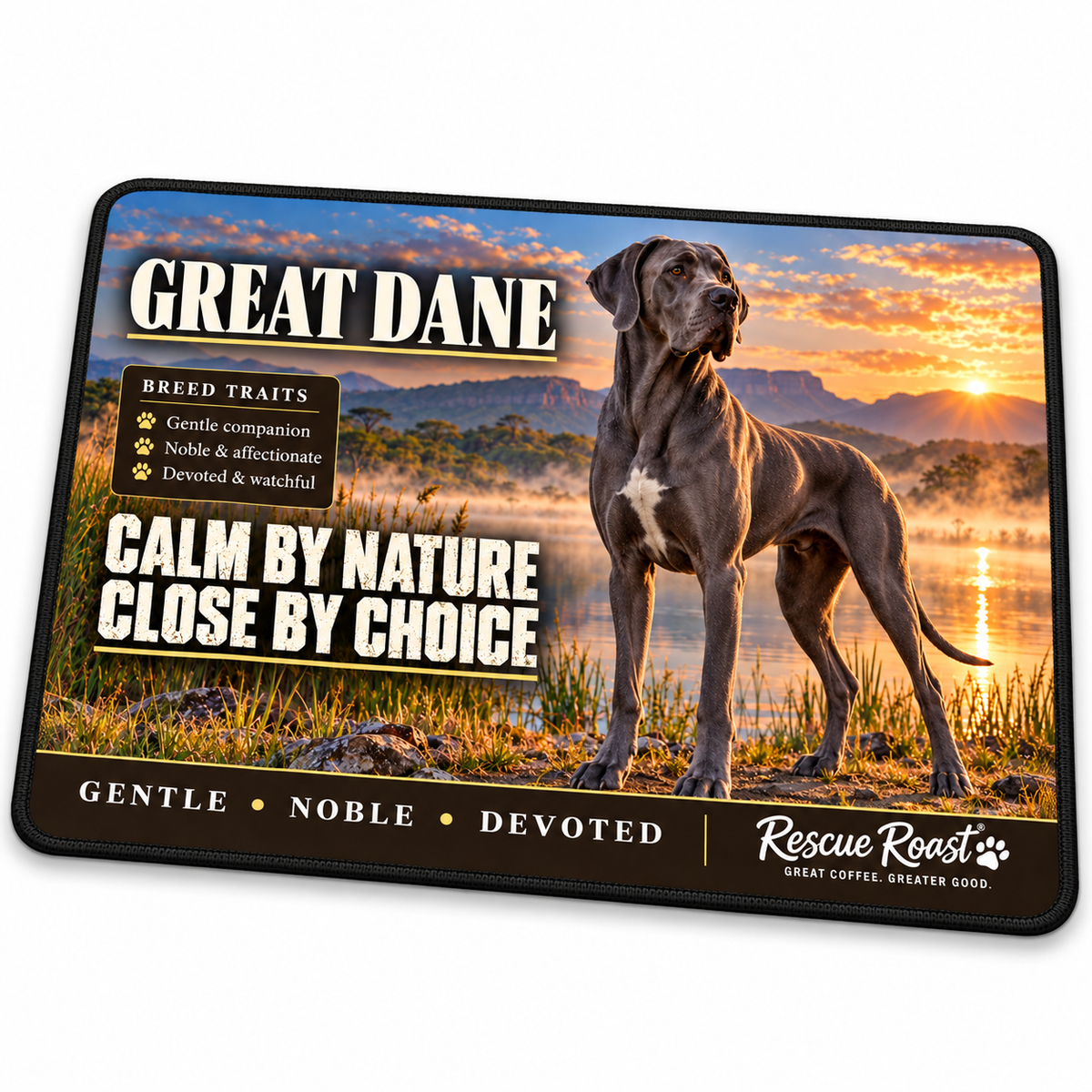 Rescue Roast® Great Dane mousepad: Blue Great Dane beside a mountain lake at sunset, with the words “Calm by Nature, Close by Choice”