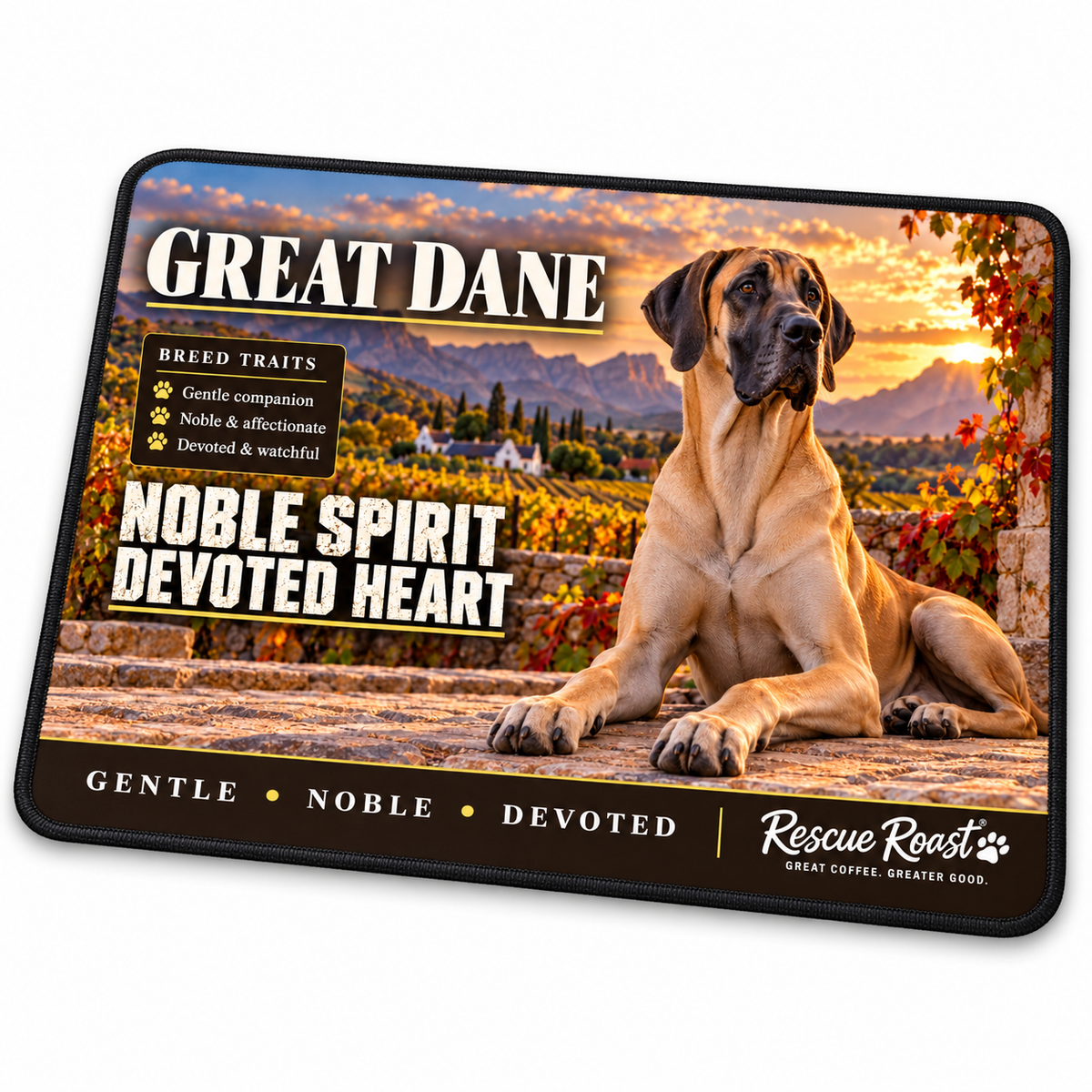 Rescue Roast® Great Dane mousepad: Fawn Great Dane resting on stone paving above a vineyard valley, with the words “Noble Spirit, Devoted Heart”