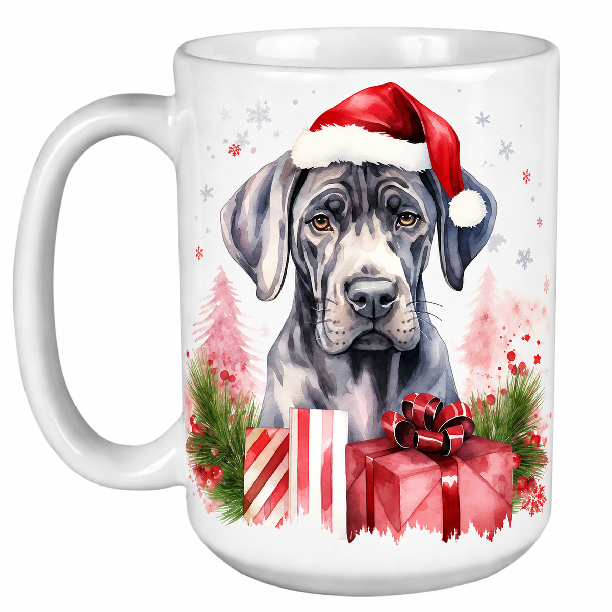 Rescue Roast® 450ml white Christmas mug featuring a Great Dane in a Santa hat surrounded by Christmas presents