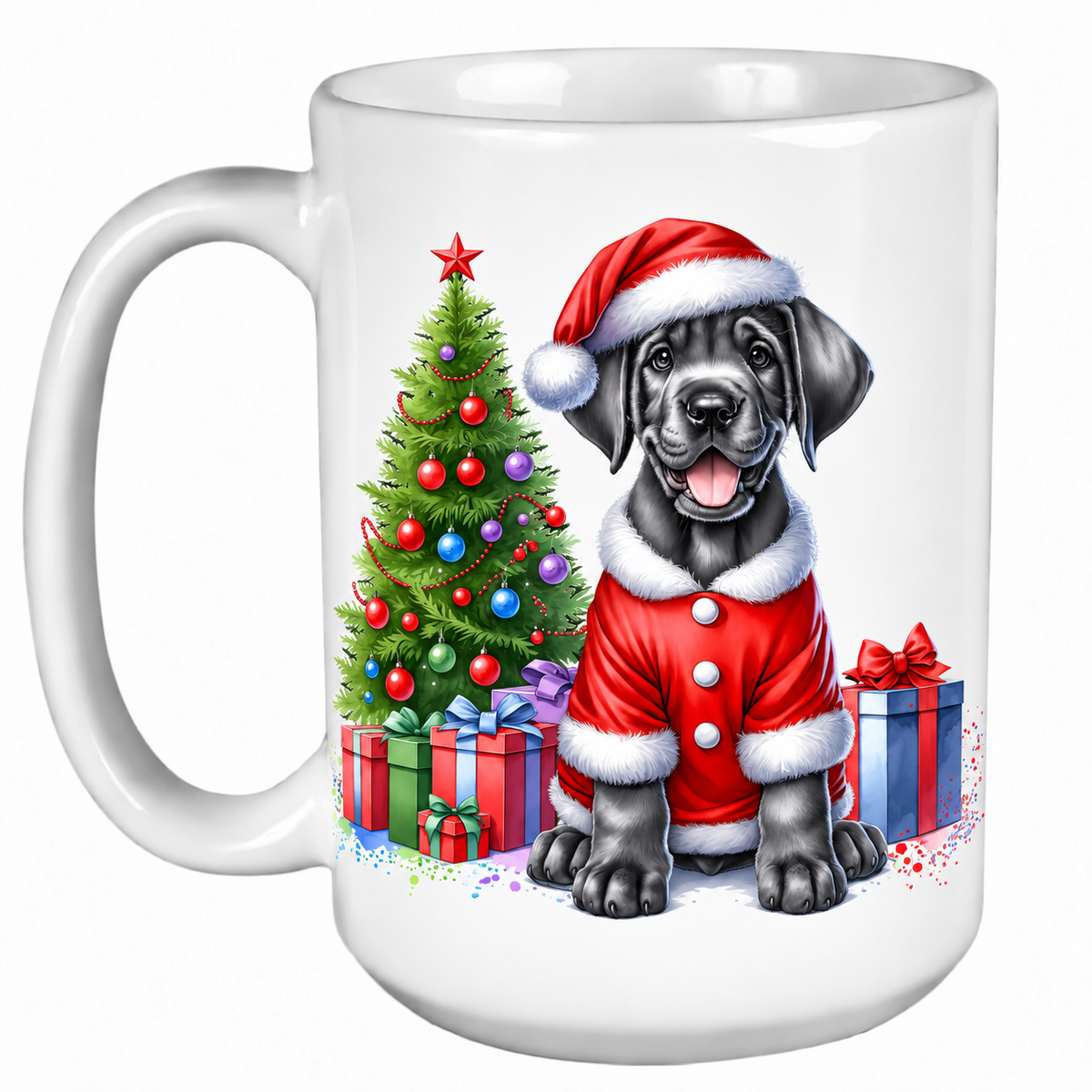 Rescue Roast® 450ml white Christmas mug featuring a Great Dane beside a decorated Christmas tree