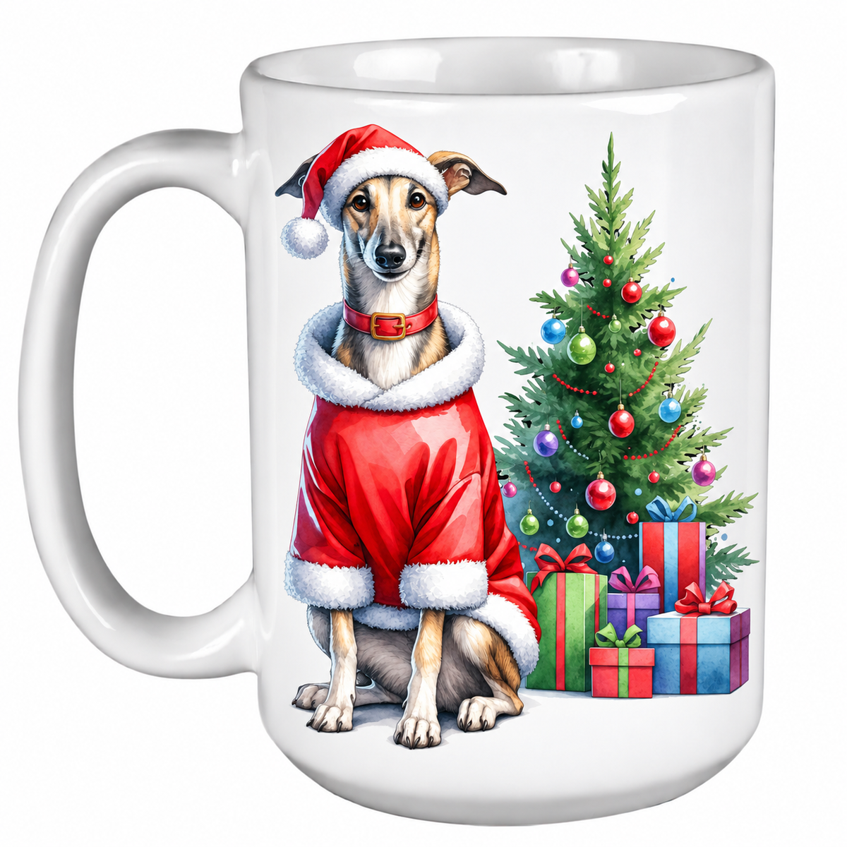Rescue Roast® 450ml white Christmas mug featuring a Greyhound beside a decorated Christmas tree