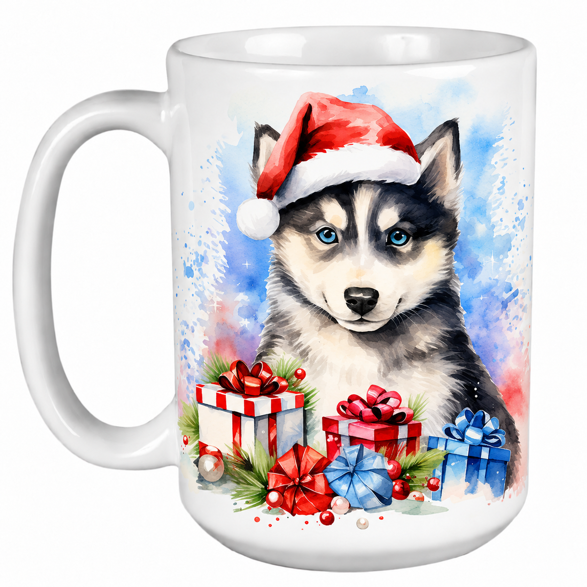 Rescue Roast® 450ml white Christmas mug featuring a Husky in a Santa hat surrounded by Christmas presents