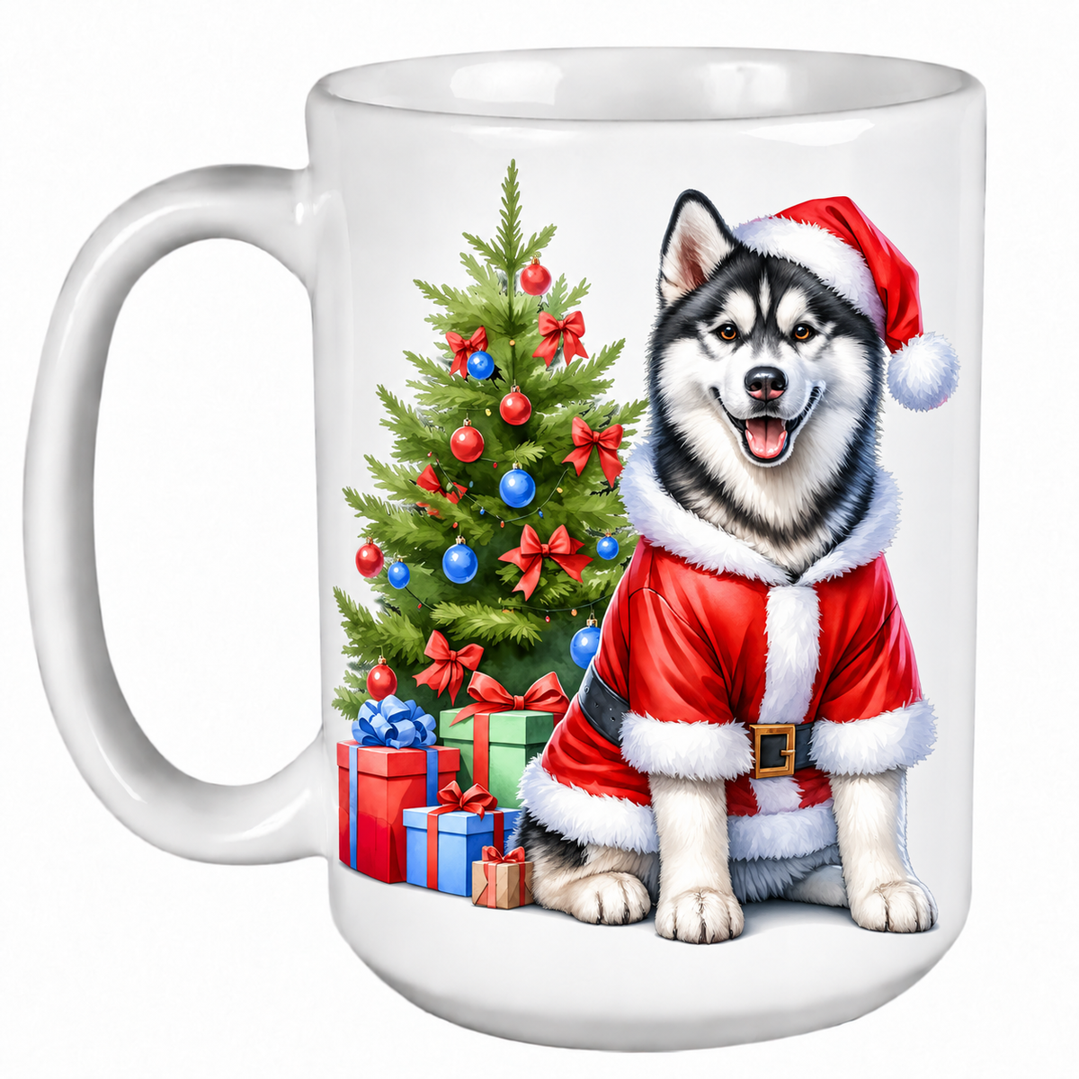 Rescue Roast® 450ml white Christmas mug featuring a Husky beside a decorated Christmas tree