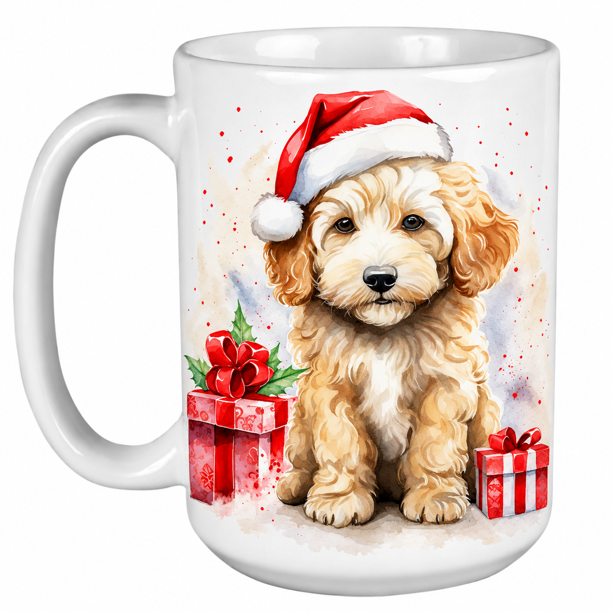 Rescue Roast® 450ml white Christmas mug featuring a Labradoodle in a Santa hat surrounded by Christmas presents