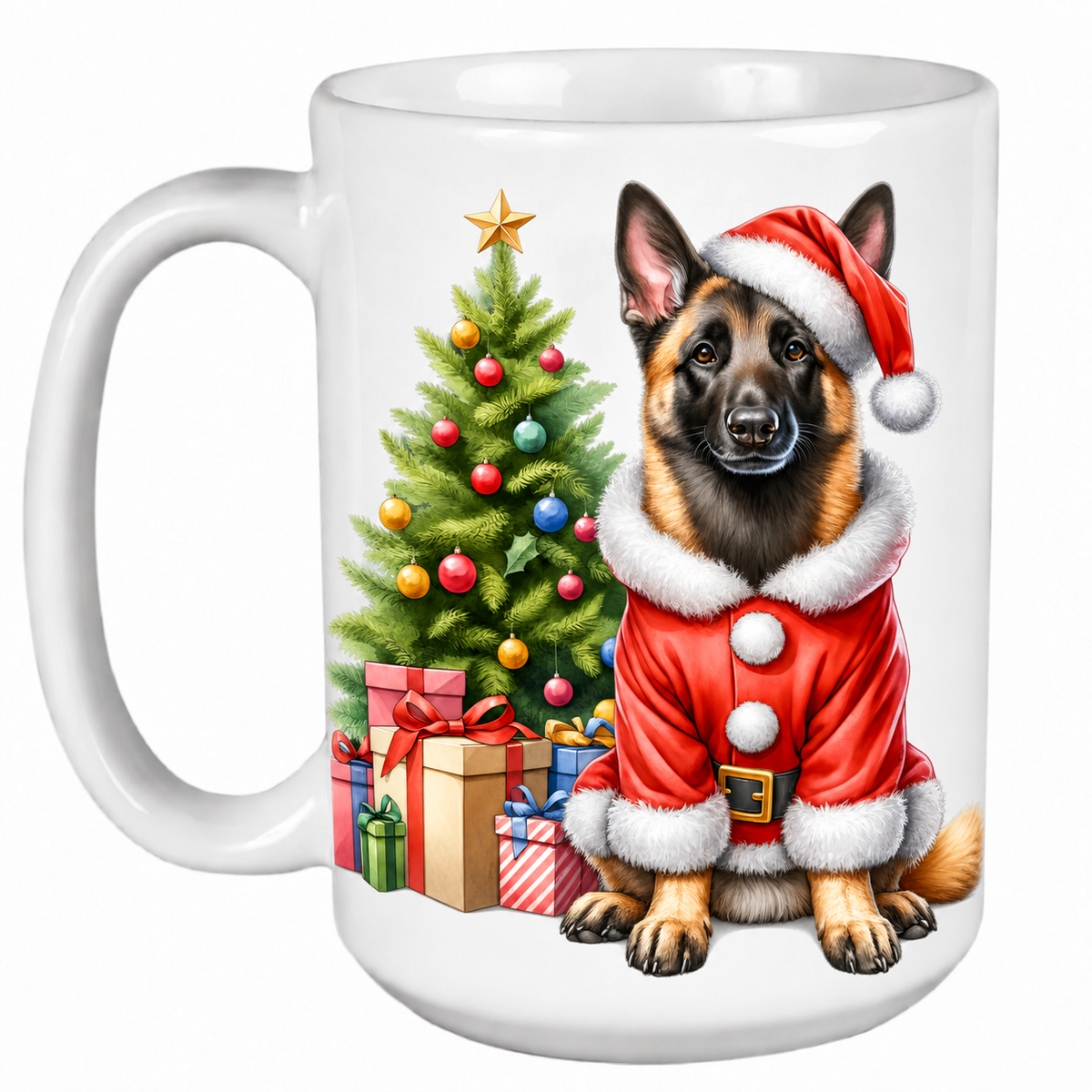 Rescue Roast® 450ml white Christmas mug featuring a Malinois beside a decorated Christmas tree