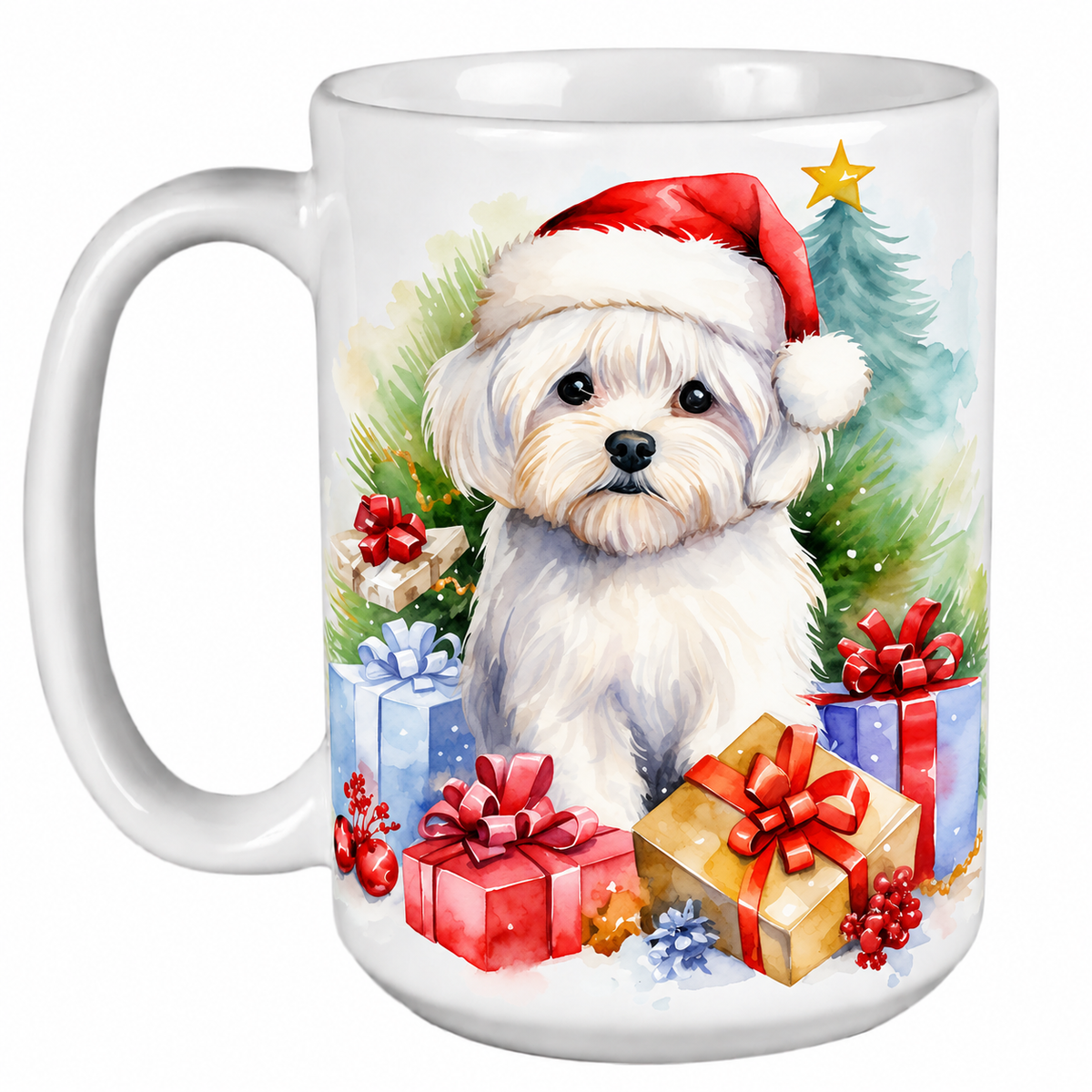 Rescue Roast® 450ml white Christmas mug featuring a Maltese in a Santa hat surrounded by Christmas presents