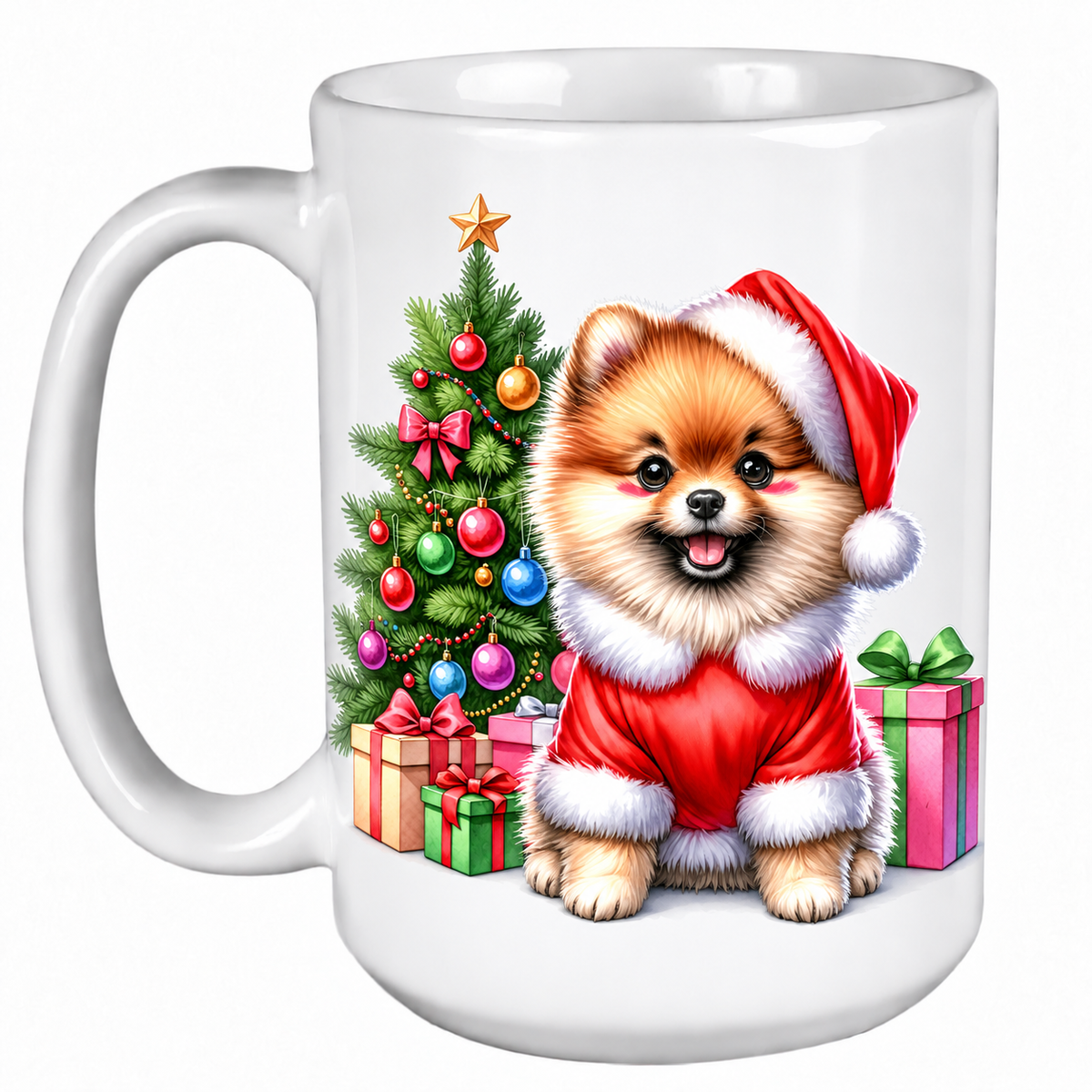 Rescue Roast® 450ml white Christmas mug featuring a Pomeranian beside a decorated Christmas tree